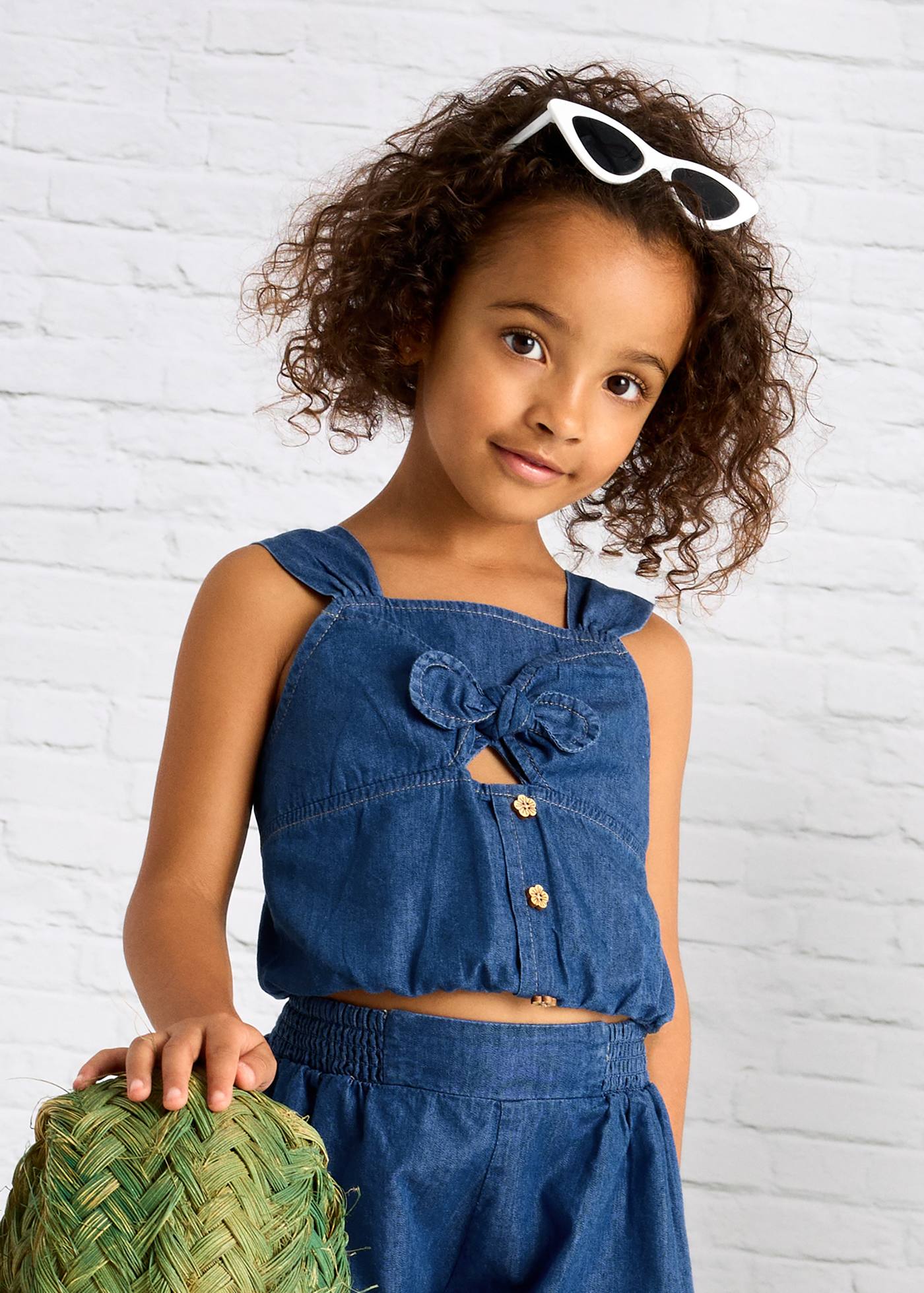 Girl bow detail denim top