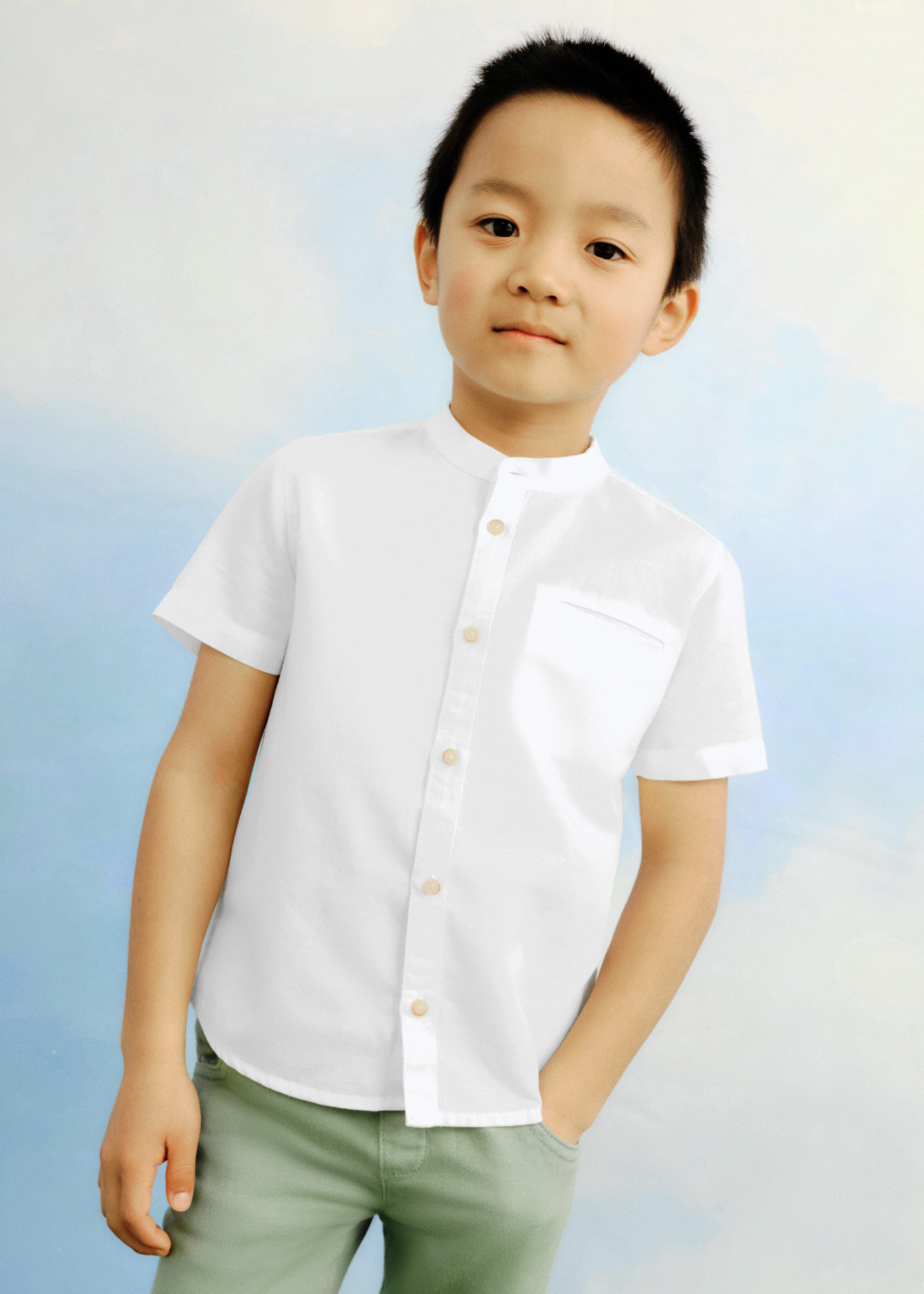 Camicia colletto coreana lino bambino