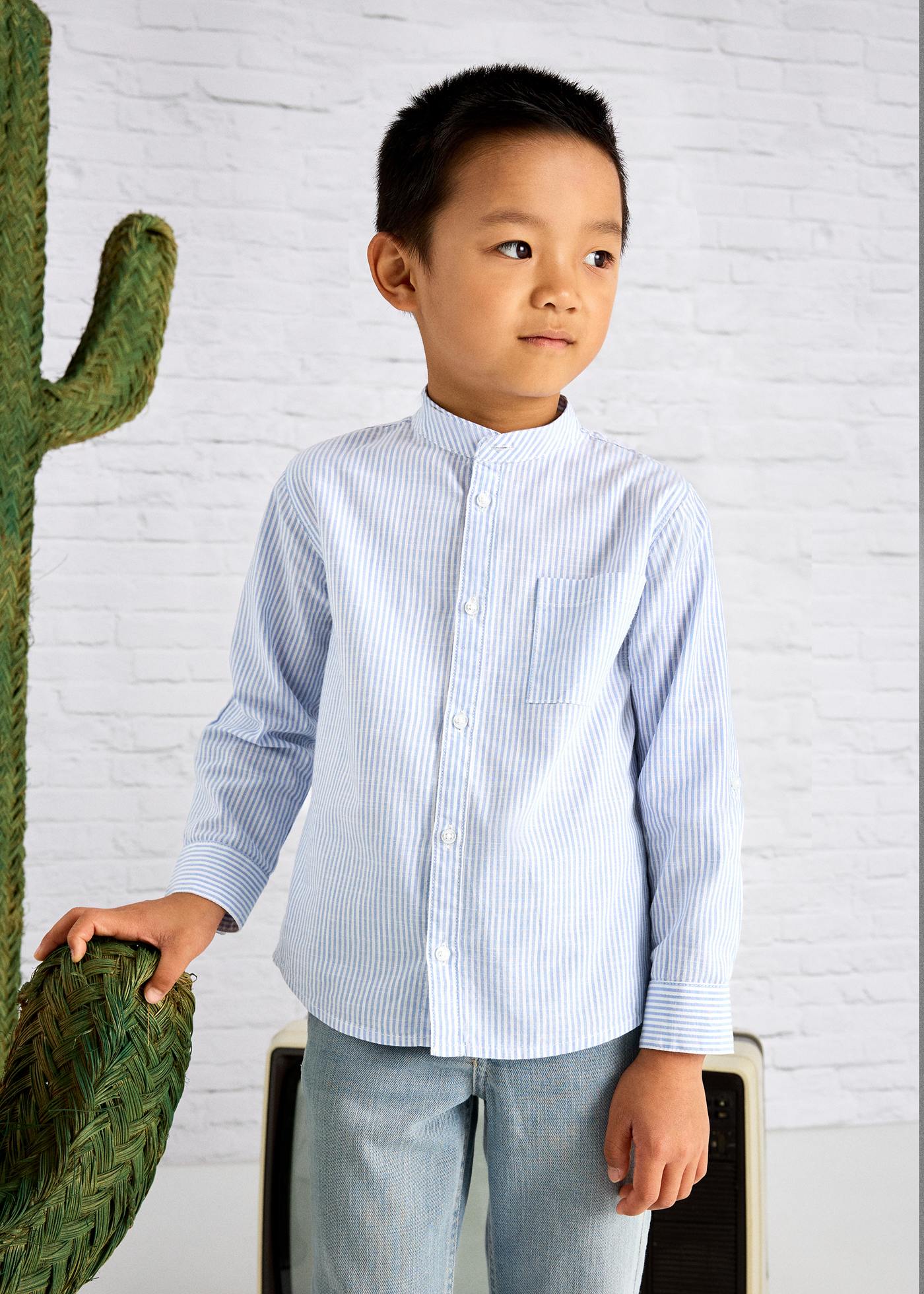 Boy Long Sleeve Striped Mandarin Collar Shirt