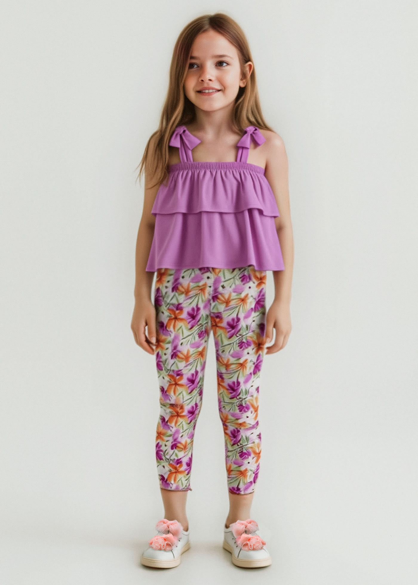 Completo leggings a tre quarti e maglietta volant bambina