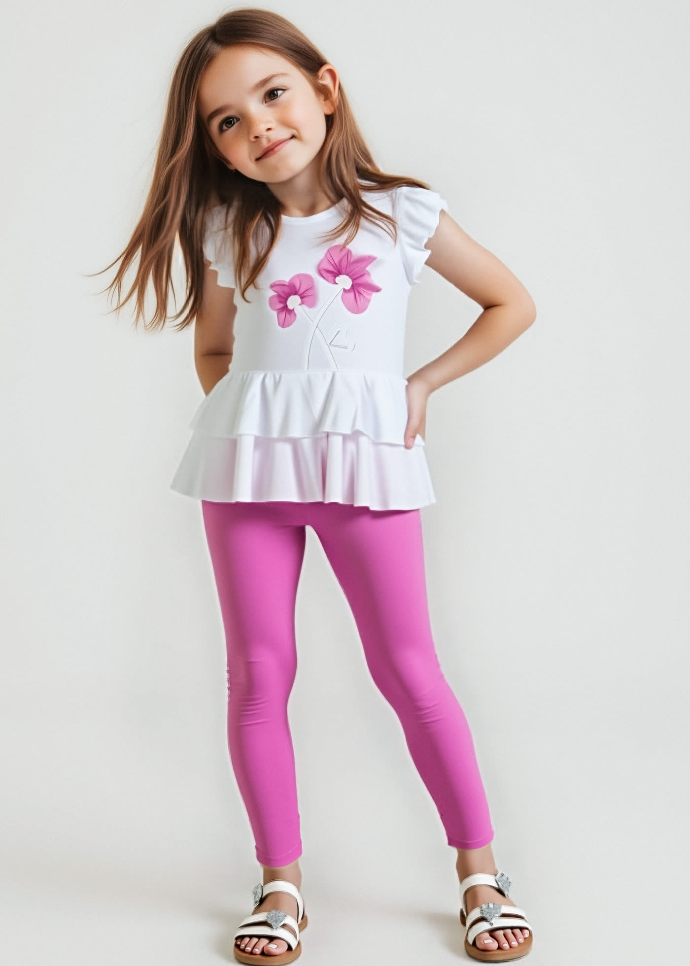 Conjunto legging tobillero y camiseta flores niña