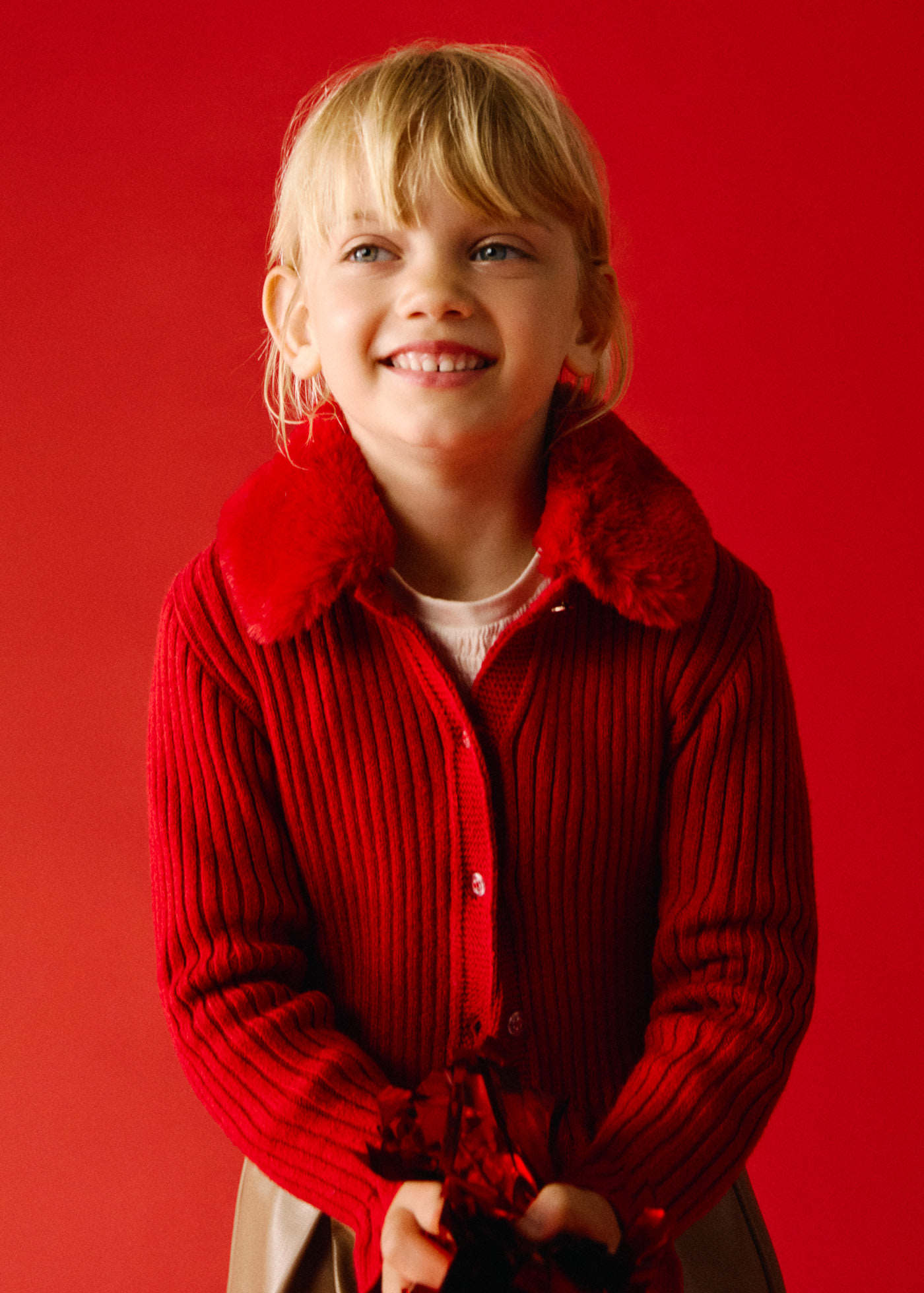 Girl Cardigan with Faux Fur Collar