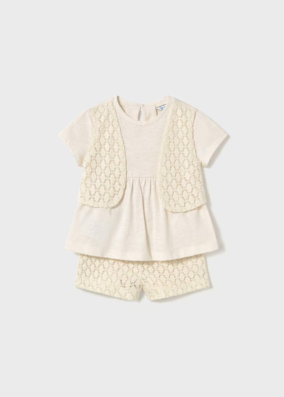 Baby guipure shorts and top set with decorative waistcoat