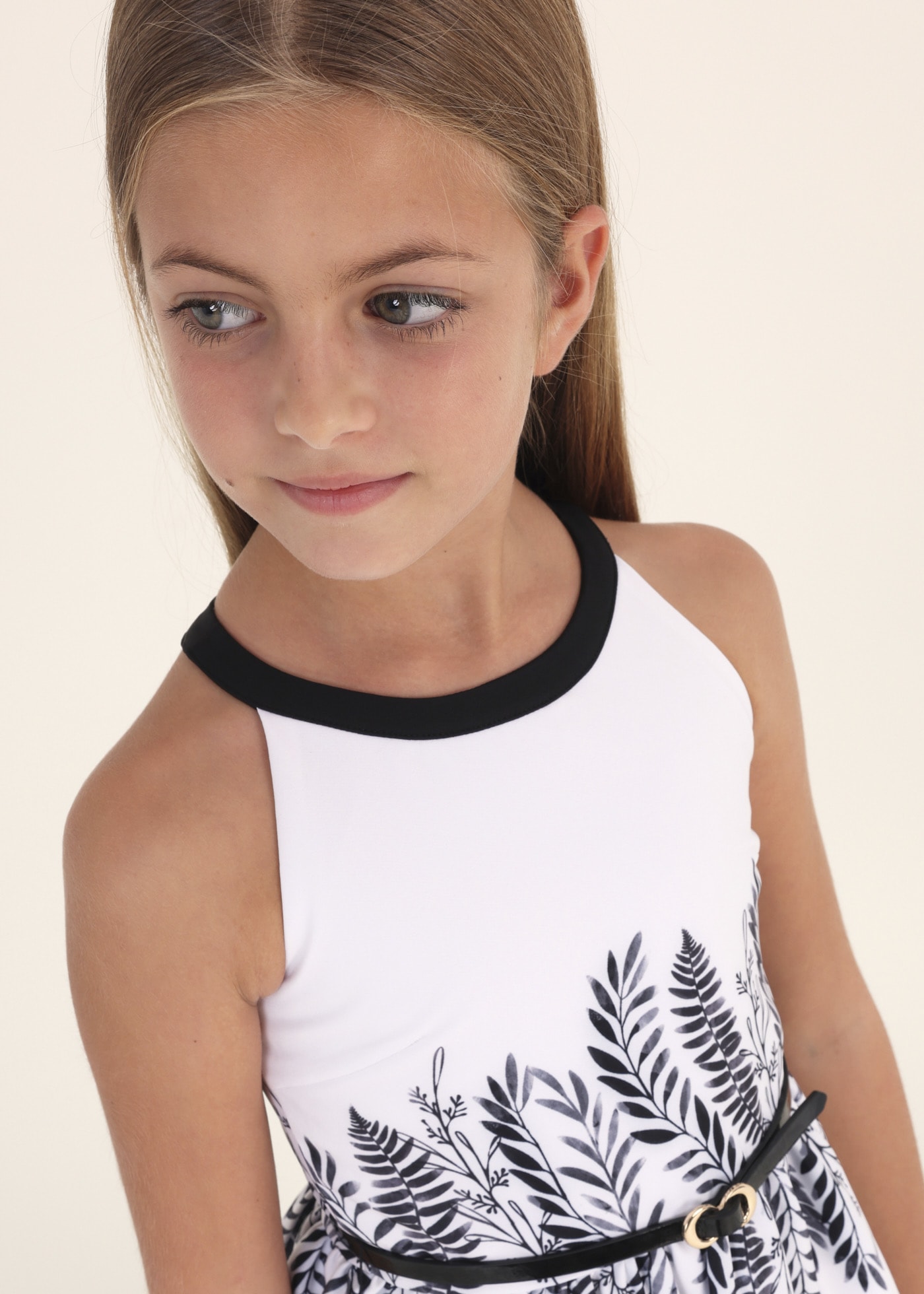 Vestido con cinturón y estampado tipo cenefa para chica Blanco | Mayoral ® Vestido con cinturón y estampado tipo cenefa para chica Blanco | Mayoral ®