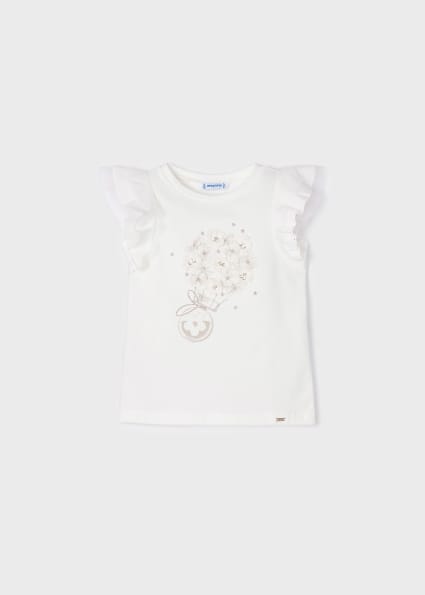 Koszulka z krótkim rękawem z aplikacją z bawełny dla dziewczynki Ecru