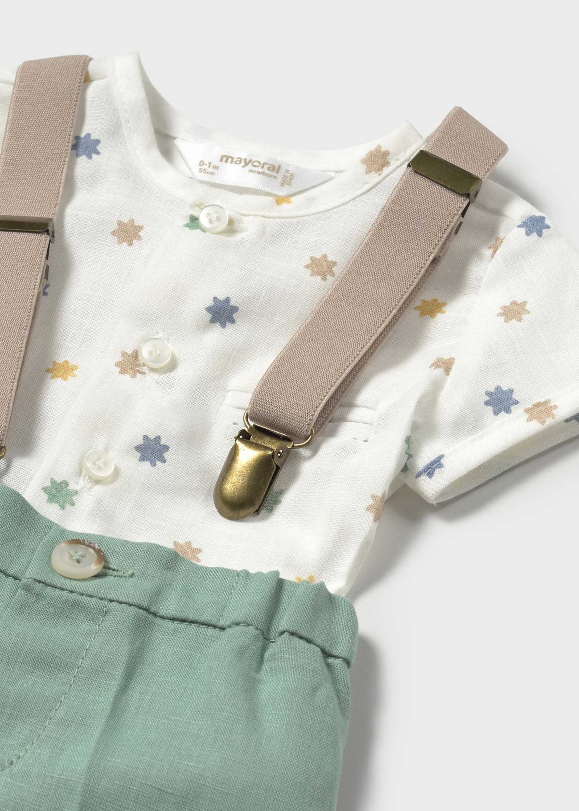 Set pantaloni scurti cu bretele si camasa nou-nascut