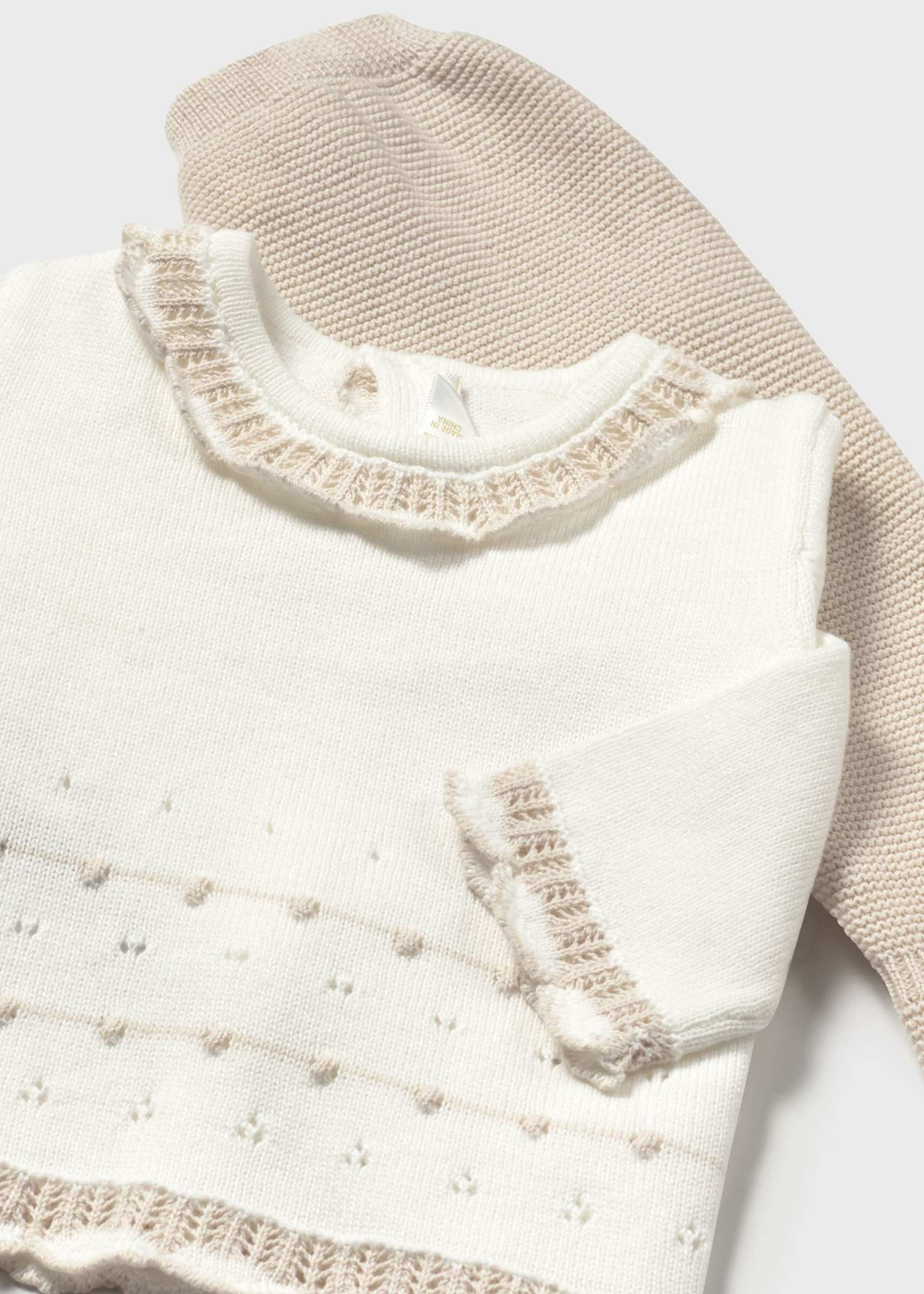 Conjunto calças com pés e jersey tricô recém nascida