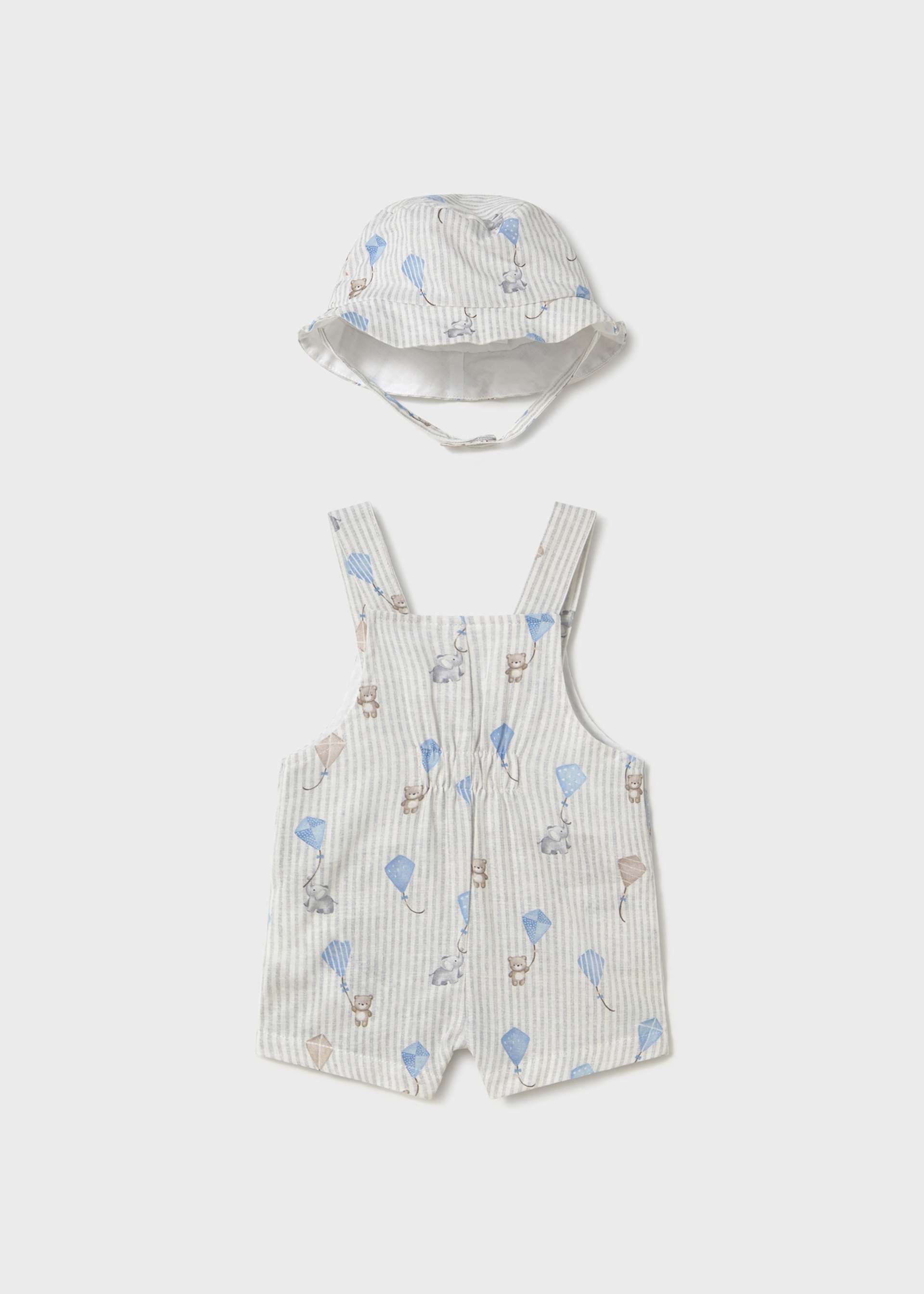 Newborn boy print short dungarees with bonnet