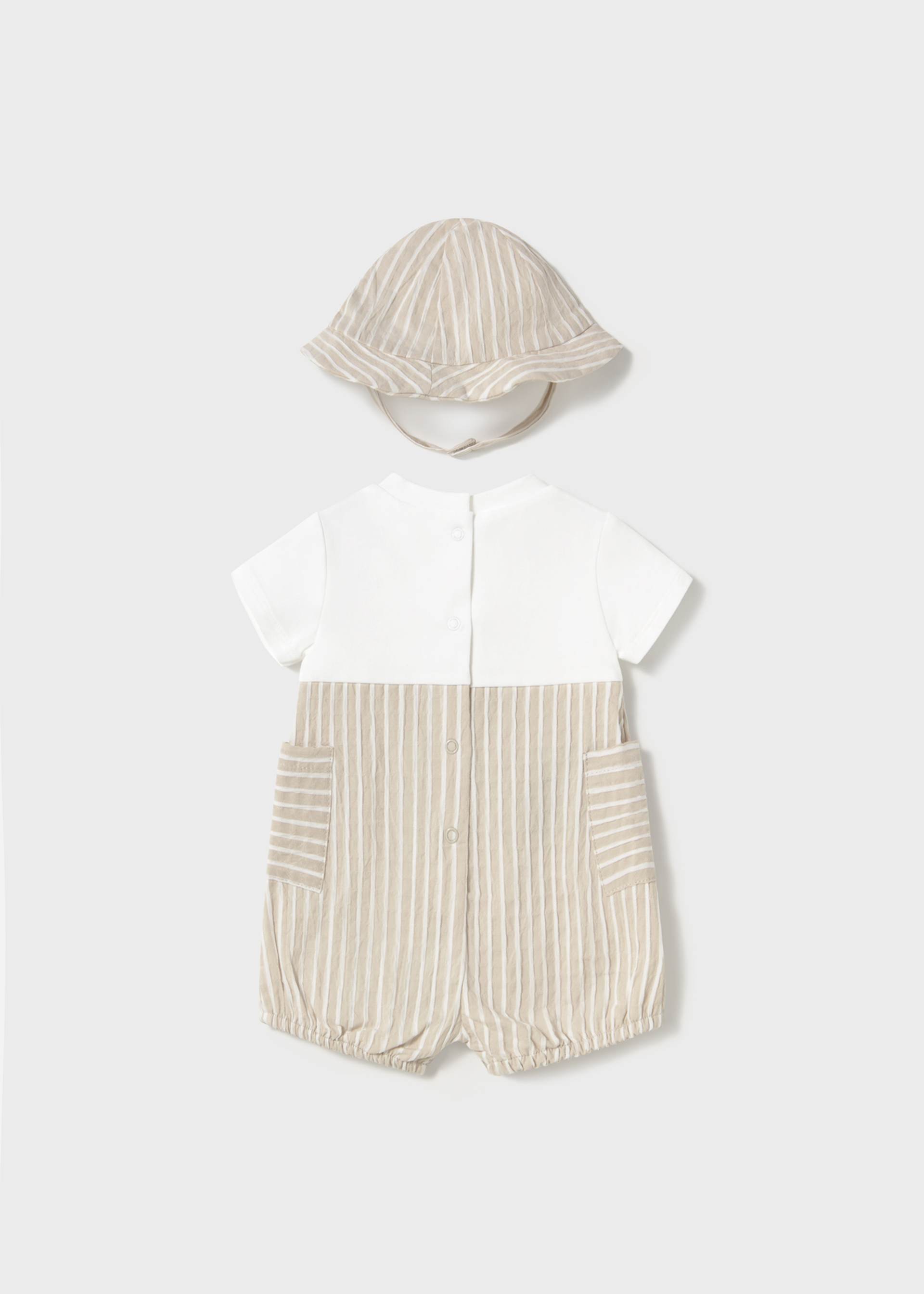 Newborn boy striped faux dungarees romper with striped hat Newborn boy striped faux dungarees romper with striped hat