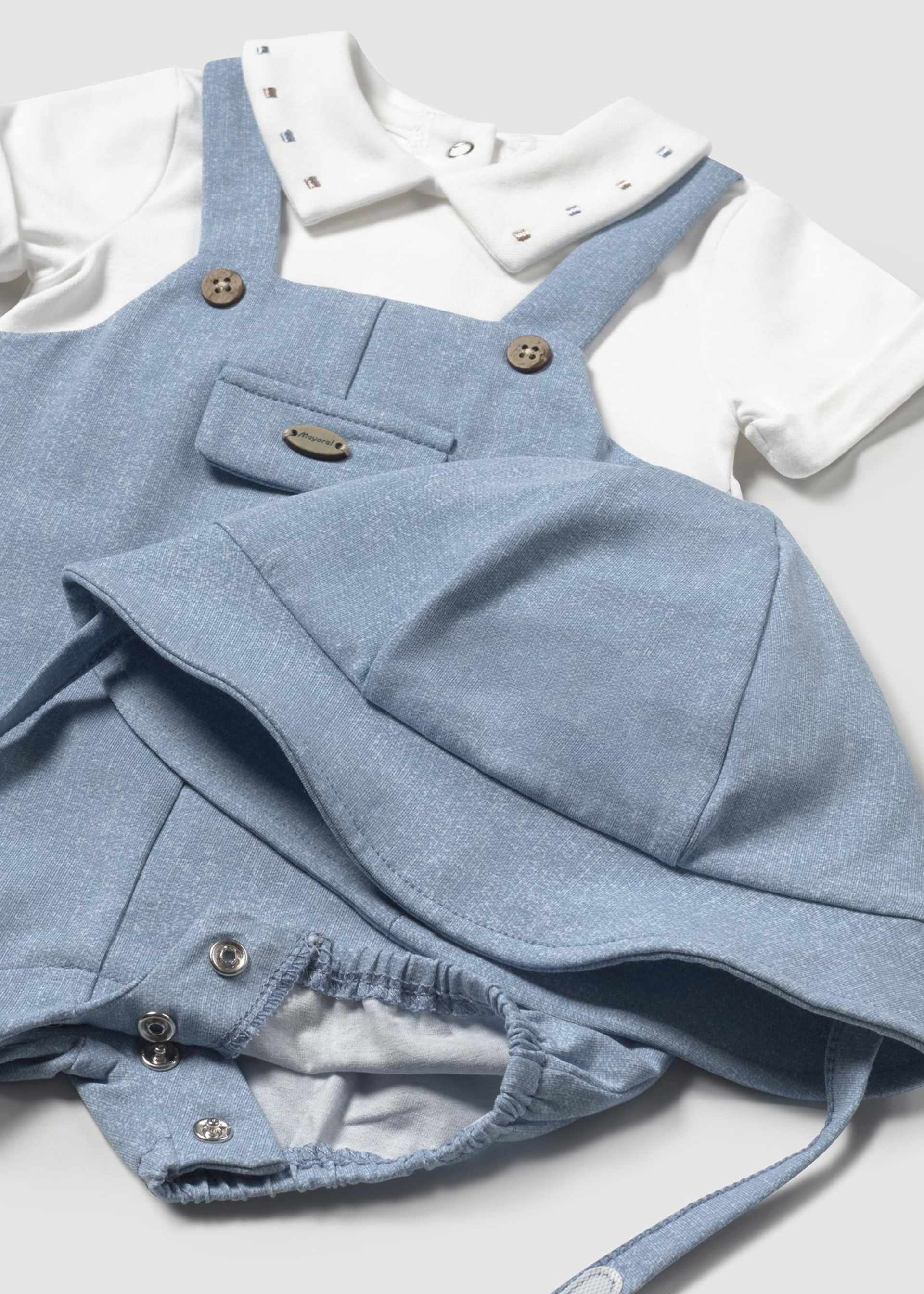 Newborn boy faux dungarees romper with bonnet Newborn boy faux dungarees romper with bonnet