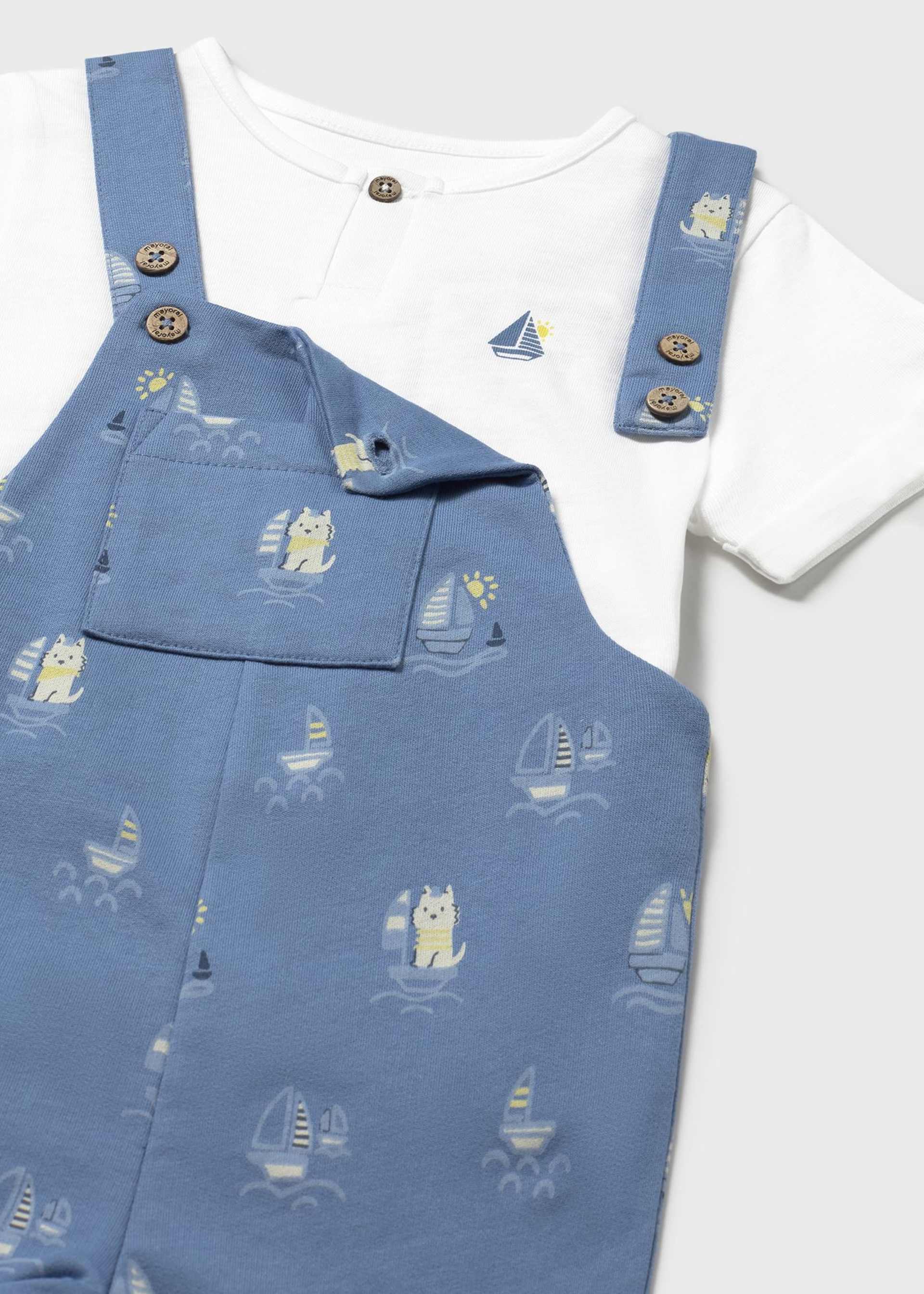 Completo salopette stampato e maglietta neonato