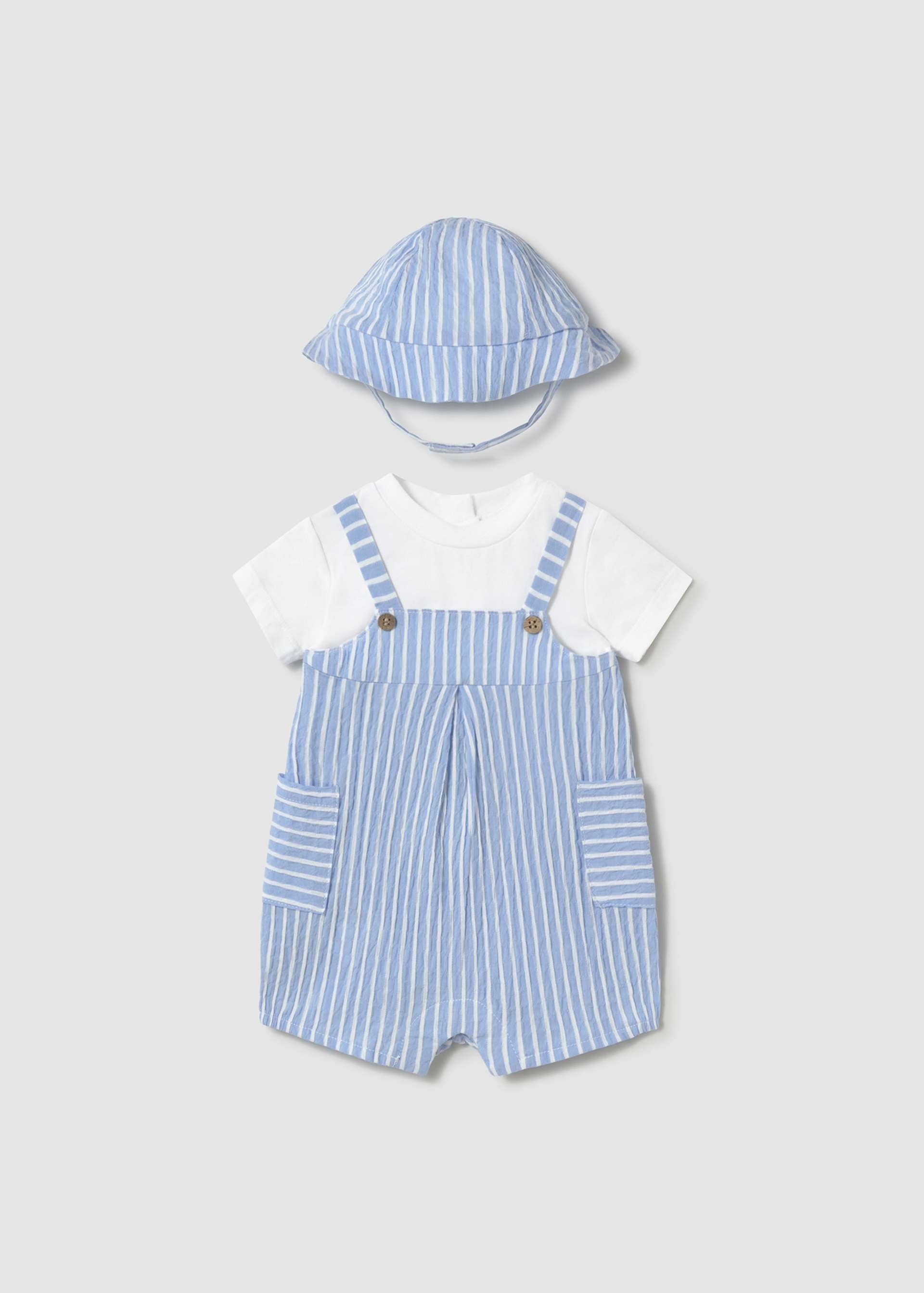 Newborn boy striped faux dungarees romper with striped hat Newborn boy striped faux dungarees romper with striped hat