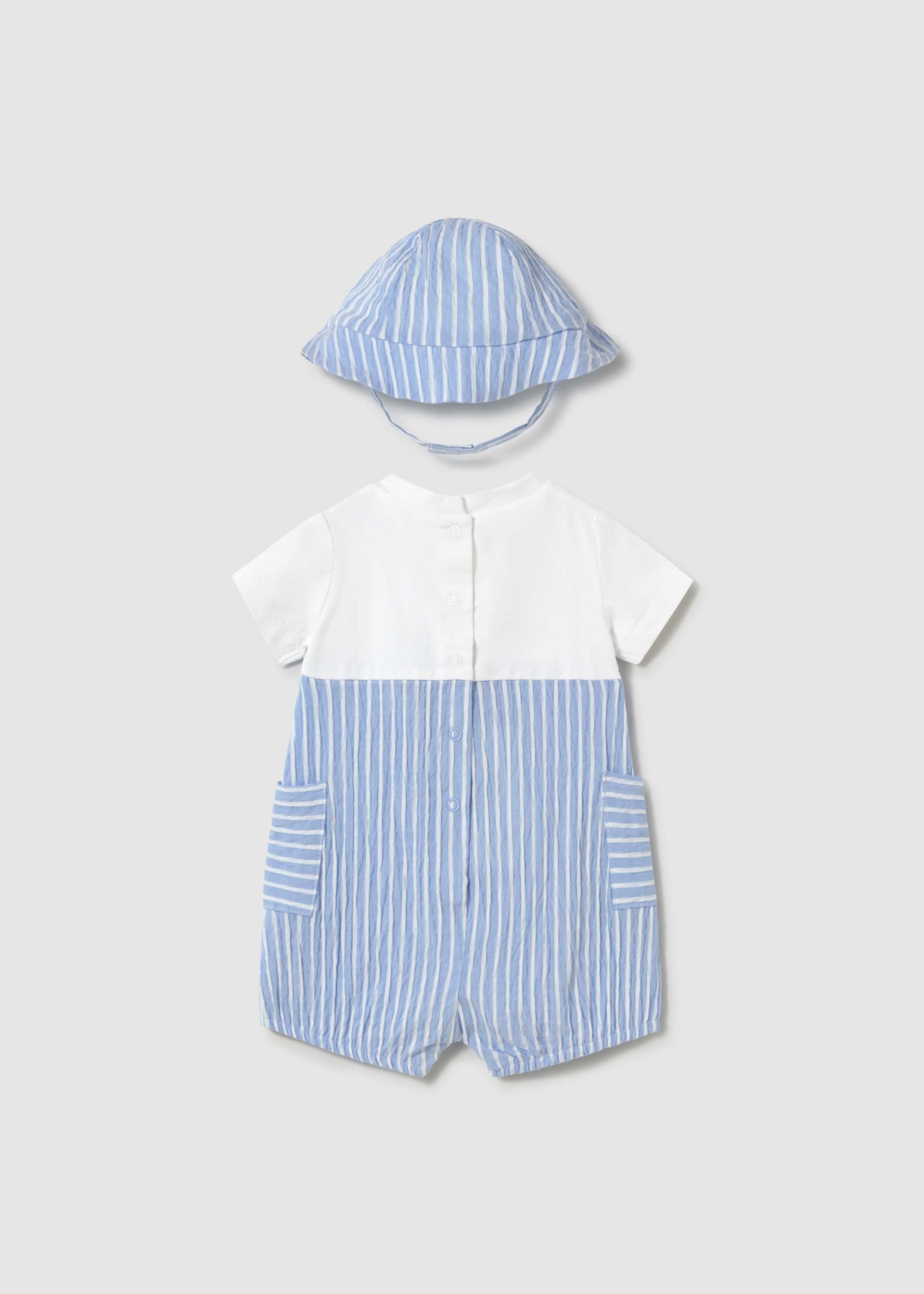 Newborn boy striped faux dungarees romper with striped hat Newborn boy striped faux dungarees romper with striped hat