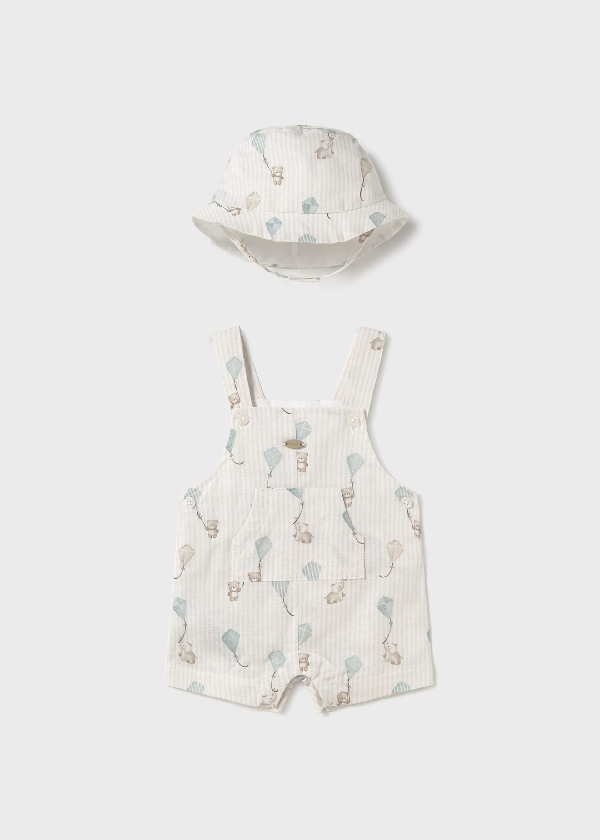 Newborn boy print short dungarees with bonnet
