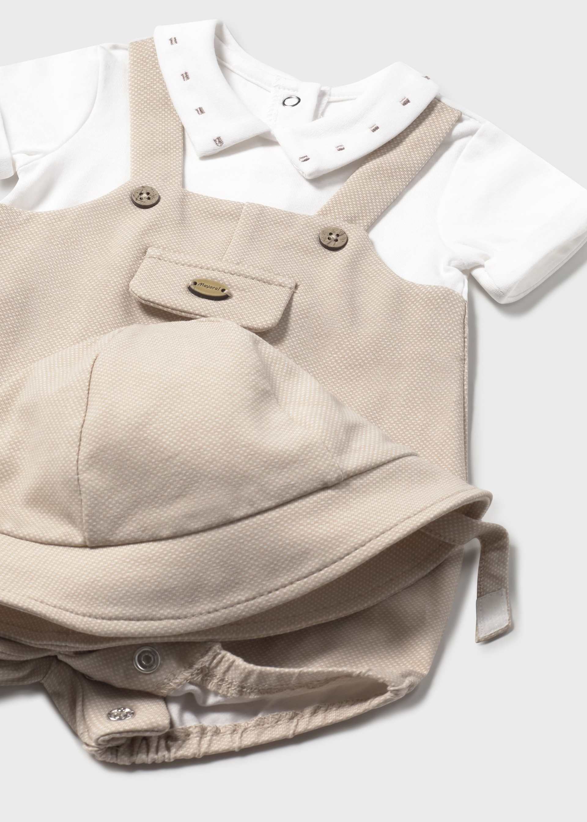 Newborn boy faux dungarees romper with bonnet