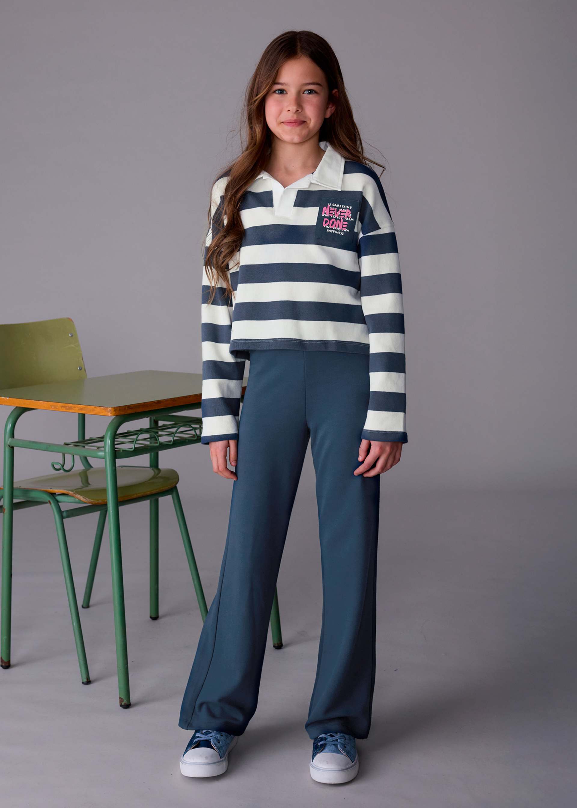Ensemble pantalon et polo rayé fille