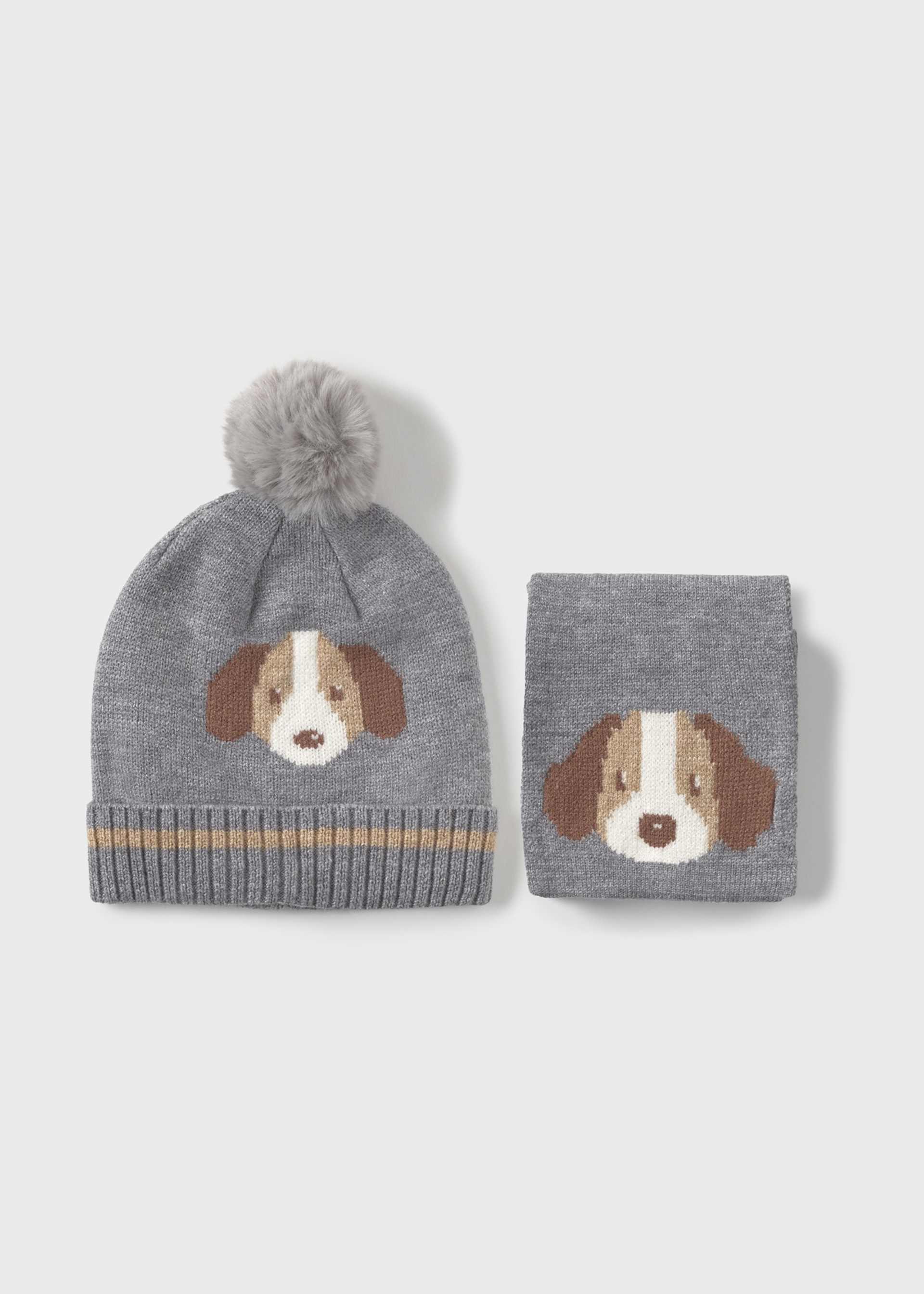 Baby dog motif hat and scarf set