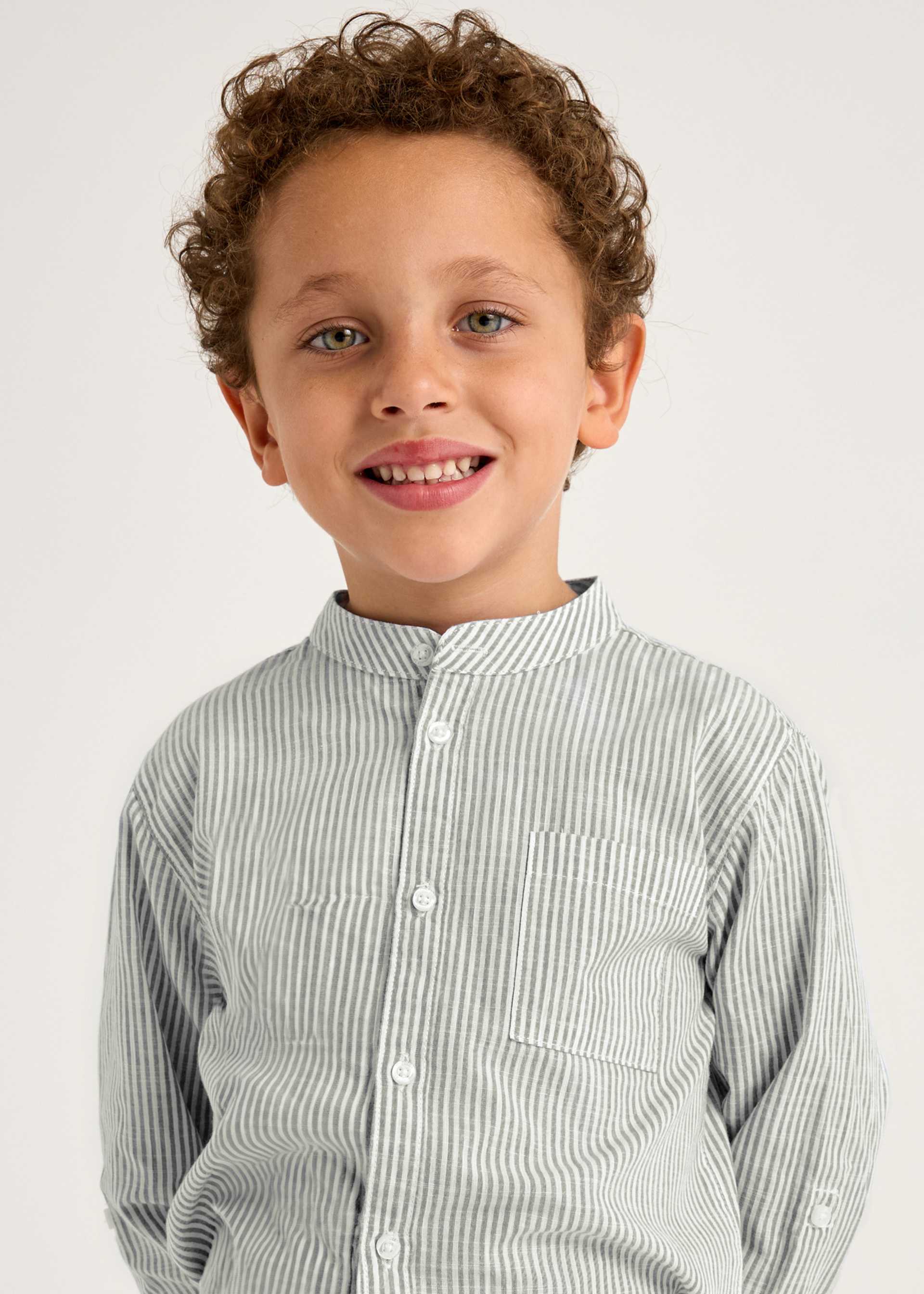 Boy Long Sleeve Striped Mandarin Collar Shirt