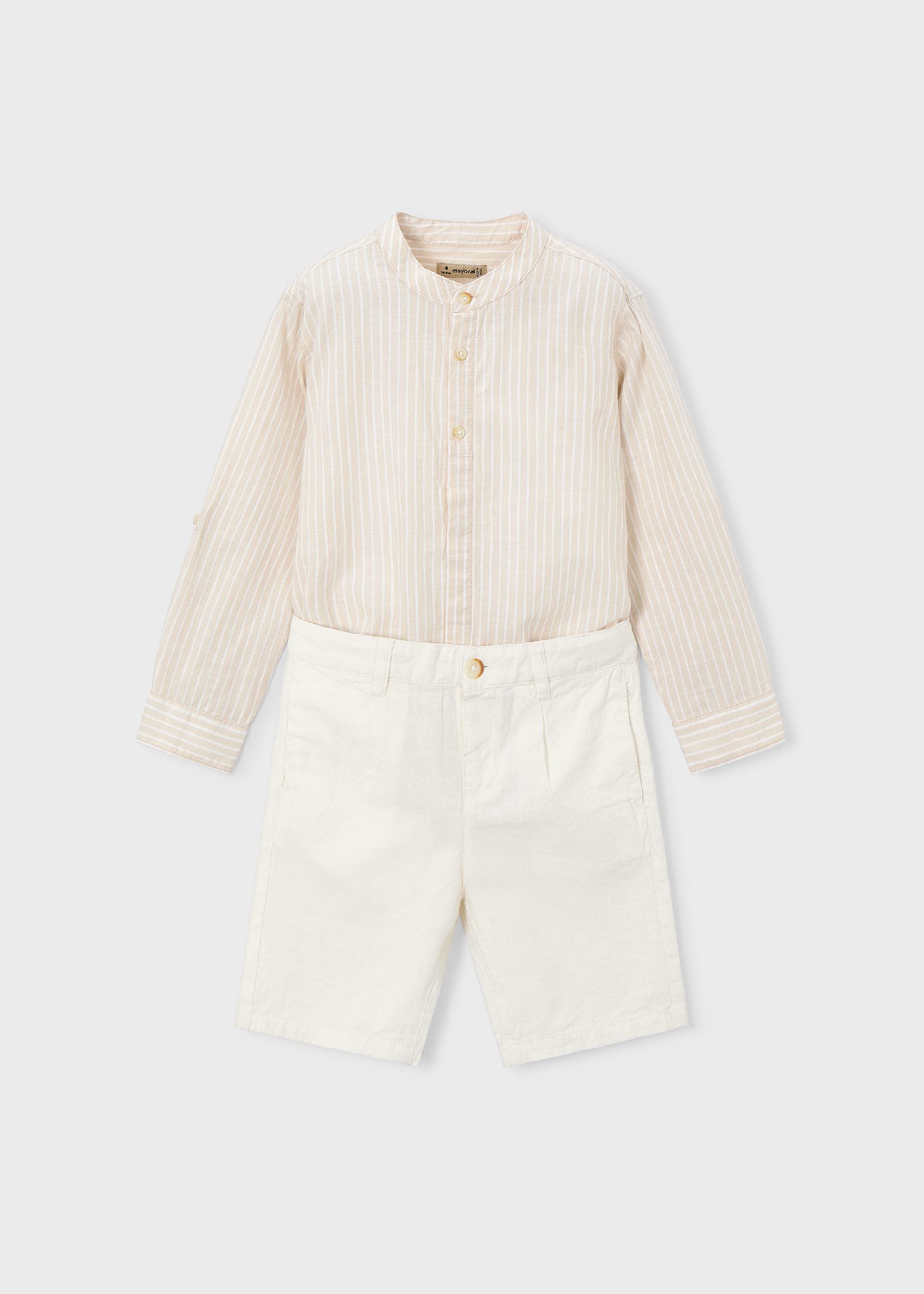 Conjunto bermudas e camisa com linho manga comprida menino