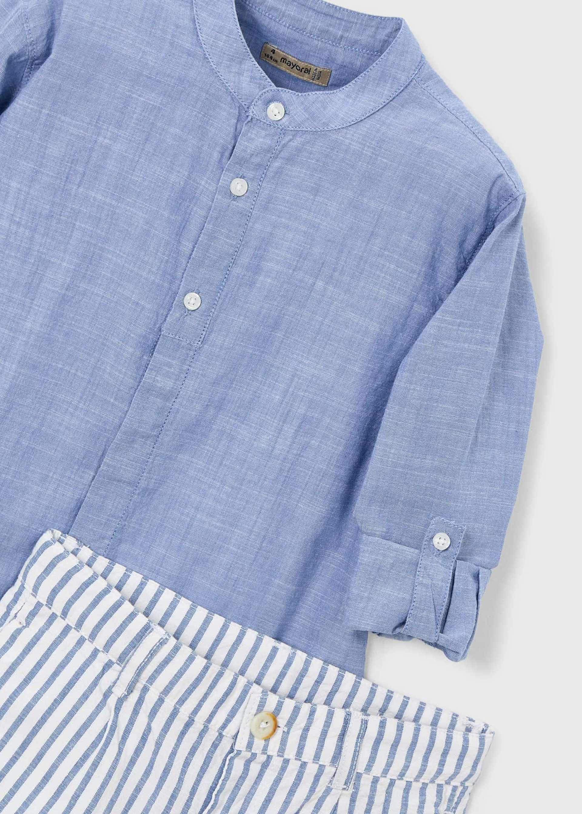 Conjunto bermudas e camisa com linho manga comprida menino