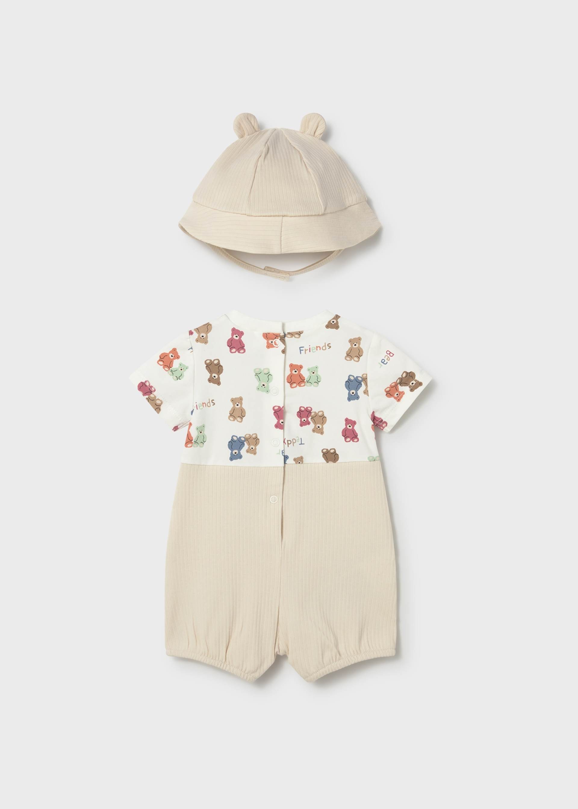 Bear-print romper with bonnet for newborns