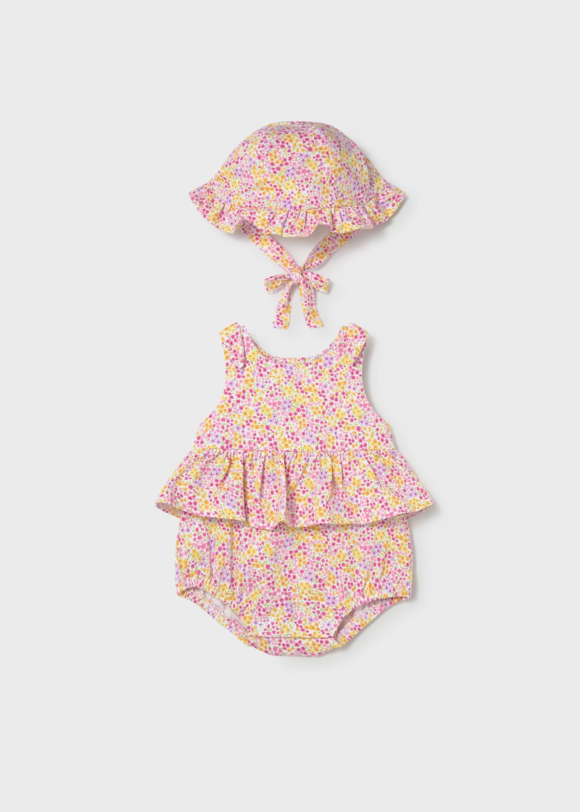Newborn Girl Printed Romper with Hat Set