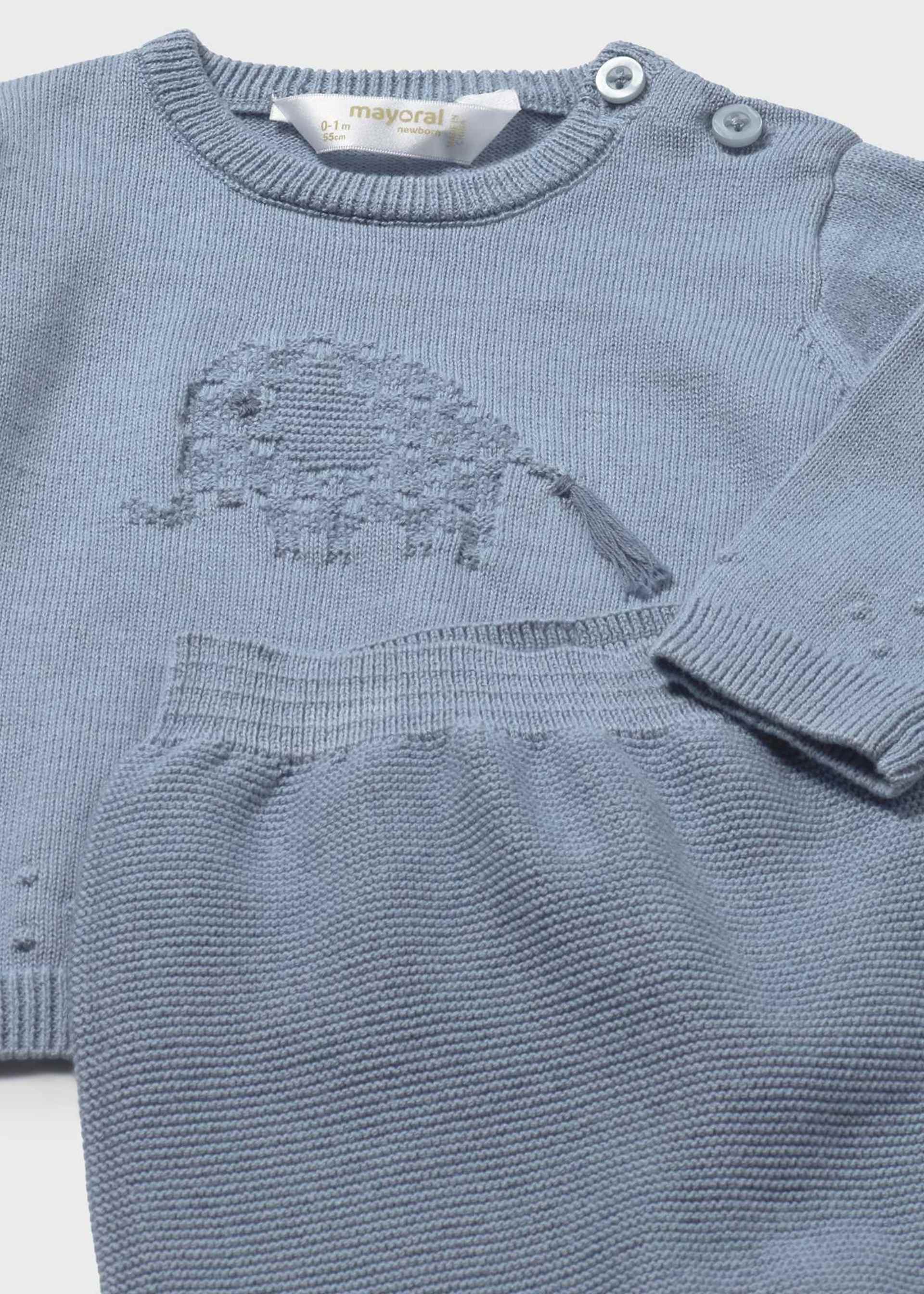 Conjunto calças com pés e casaco tricô recém nascido