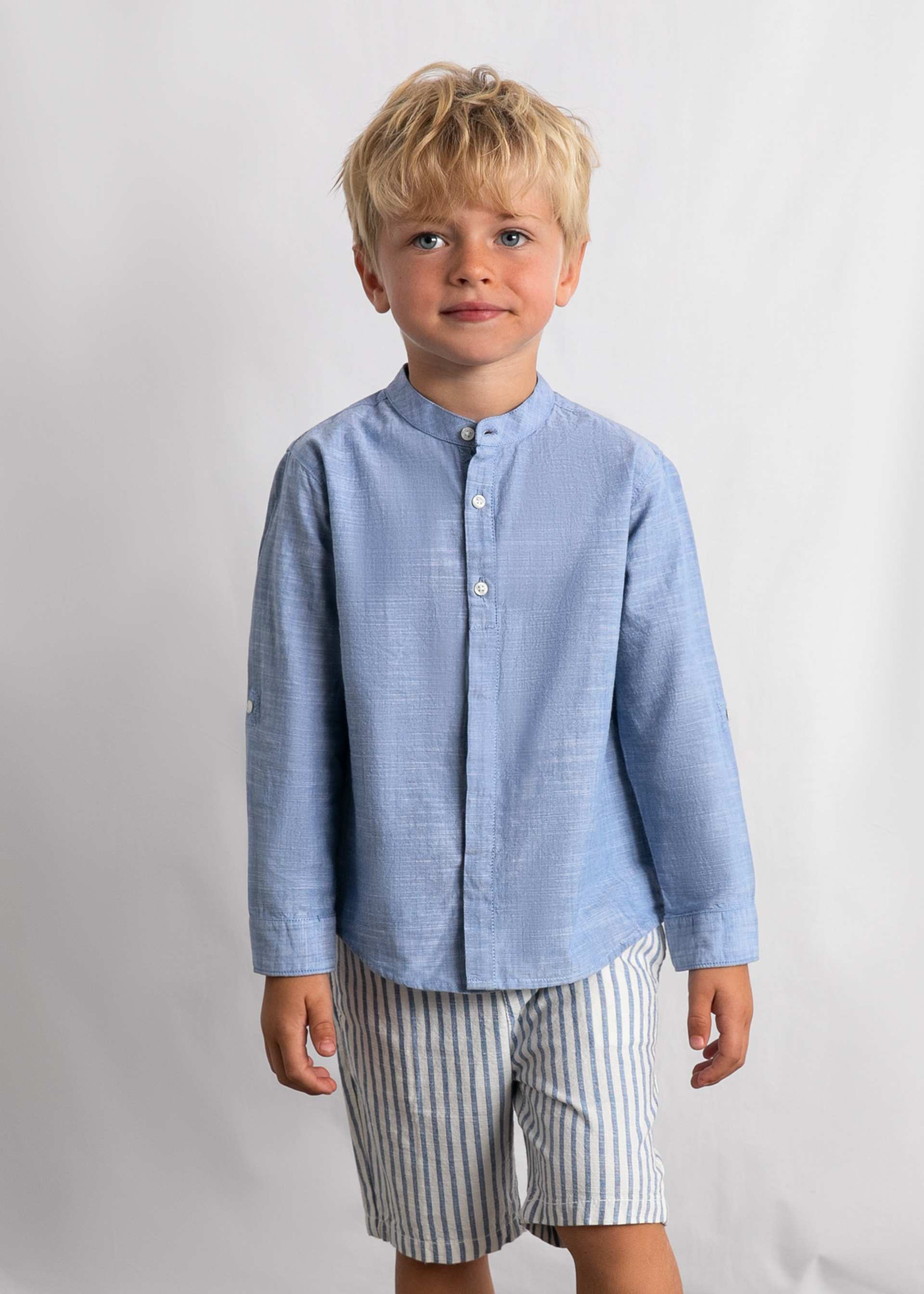 Conjunto bermudas e camisa com linho manga comprida menino