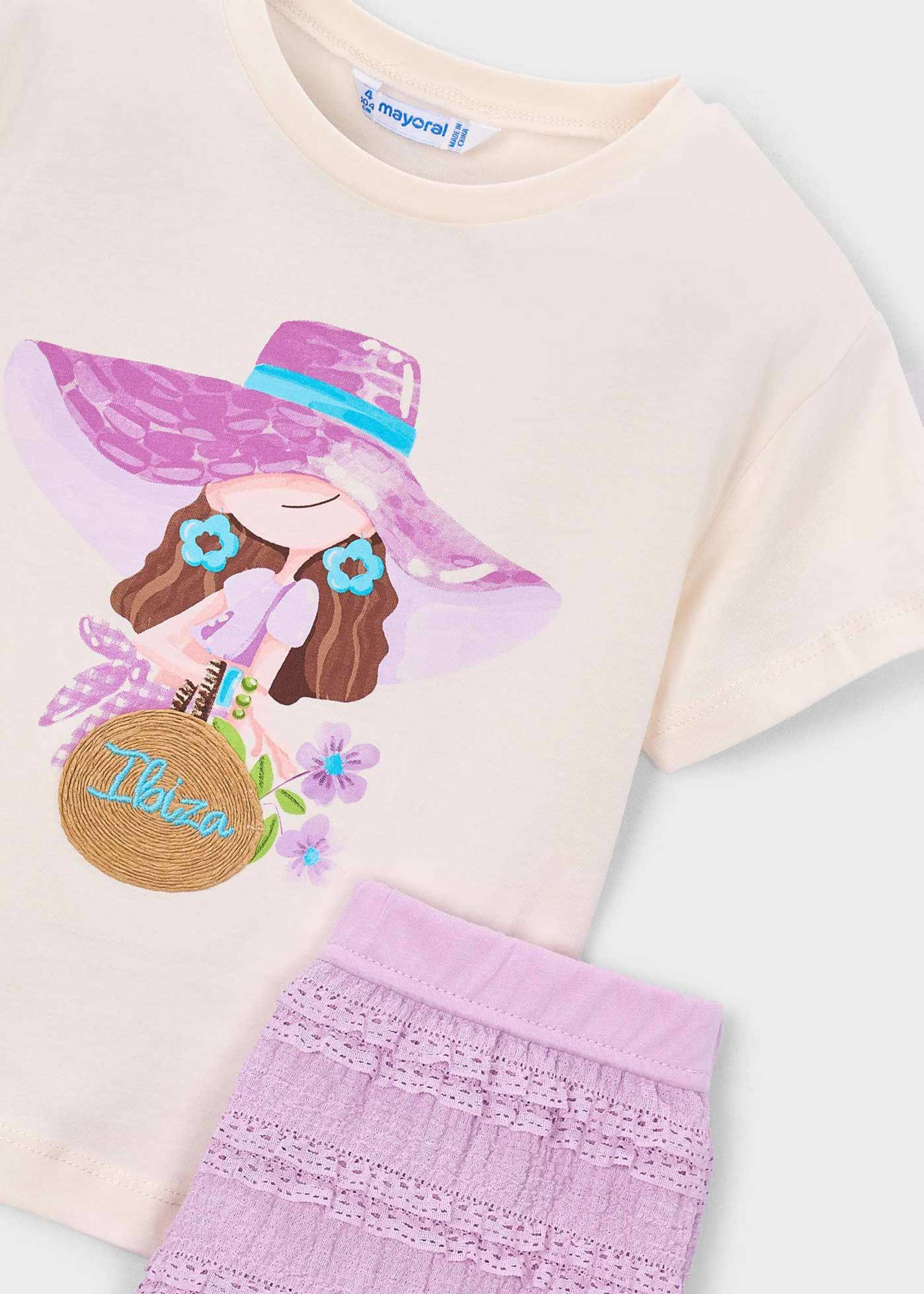 Completo shorts volant e maglietta stampata bambina