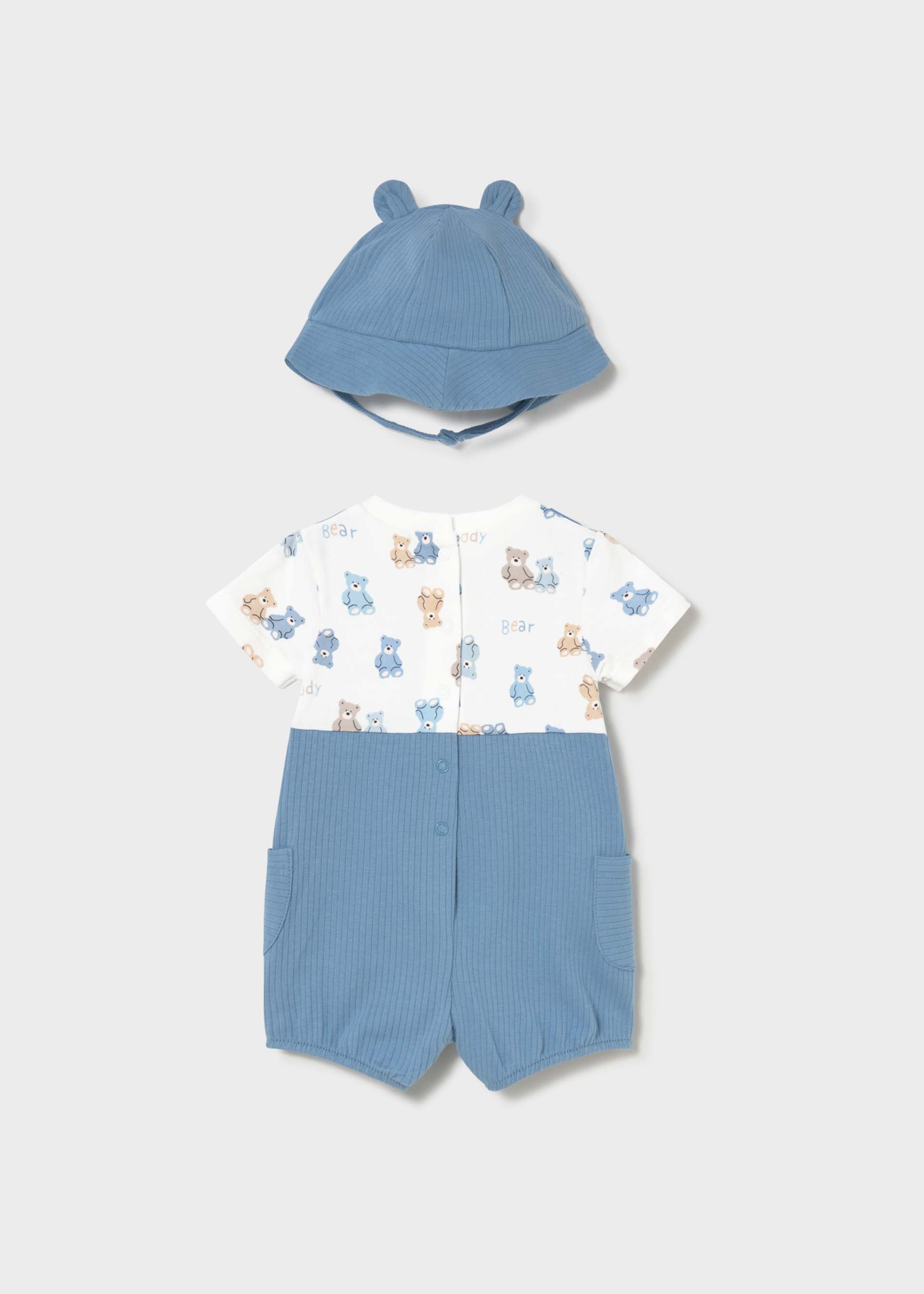 Newborn Boy Romper with Bear Hat and Faux Dungaree
