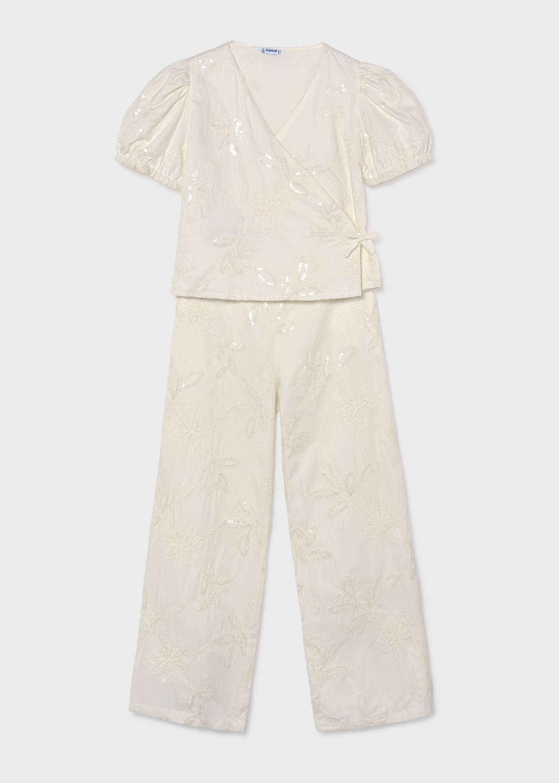Long pants and blouse set with embroidery for girls