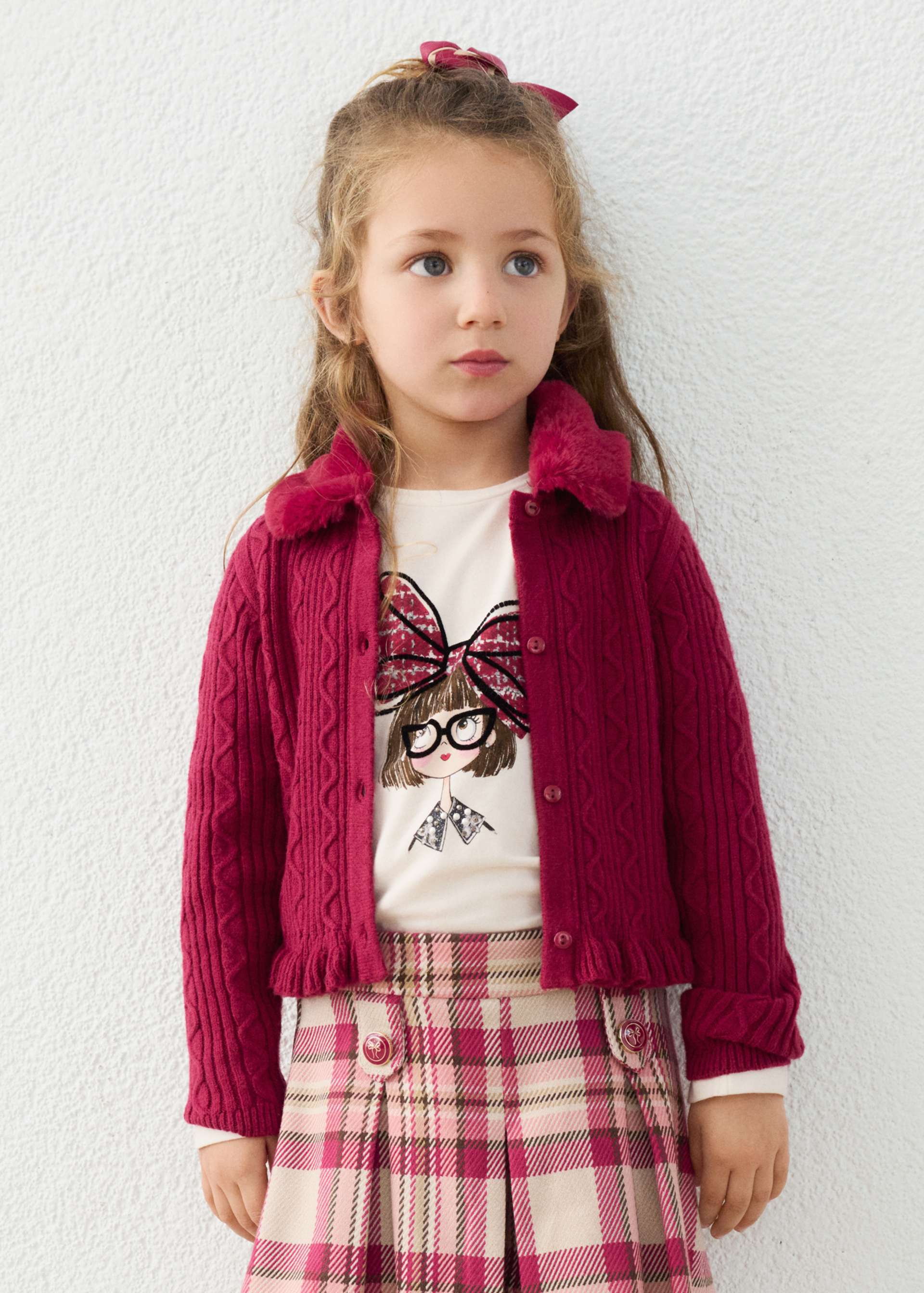 Cardigan en tricot à col en fourrure fille