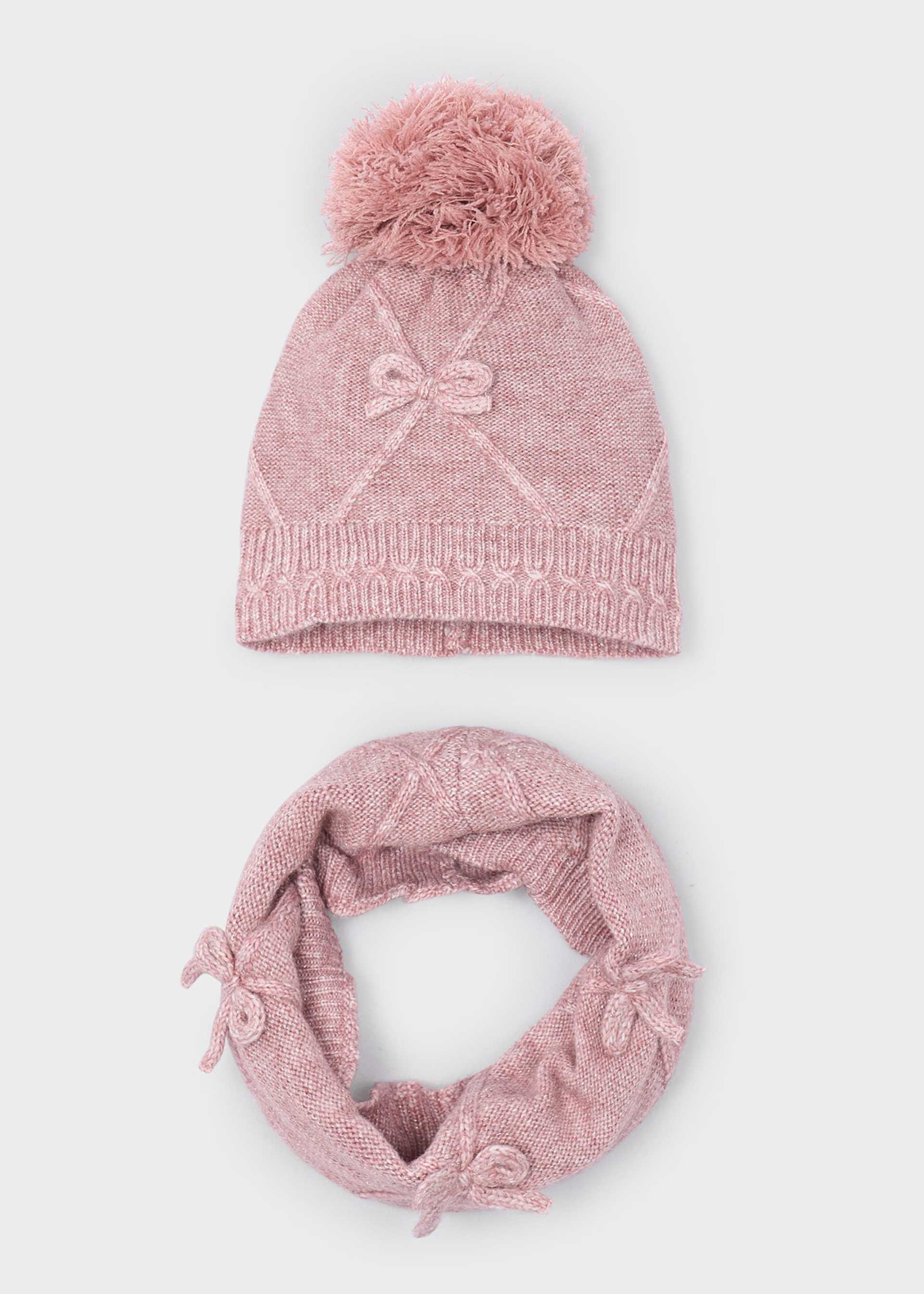 Conjunto de gorro e cachecol gola laços menina