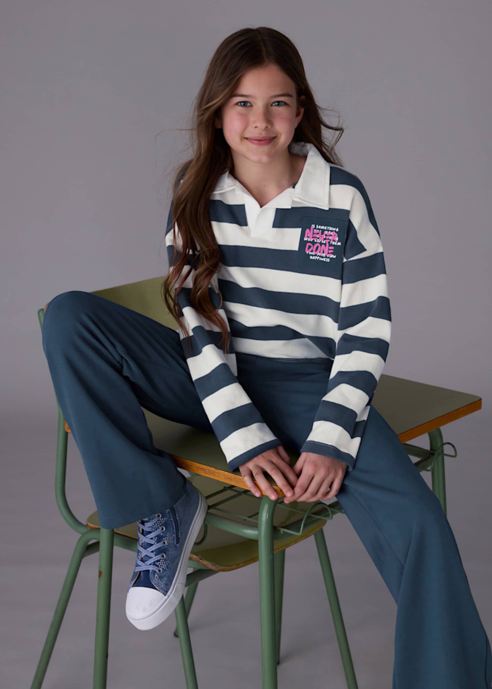 Girl Pants and Striped Polo Shirt Set