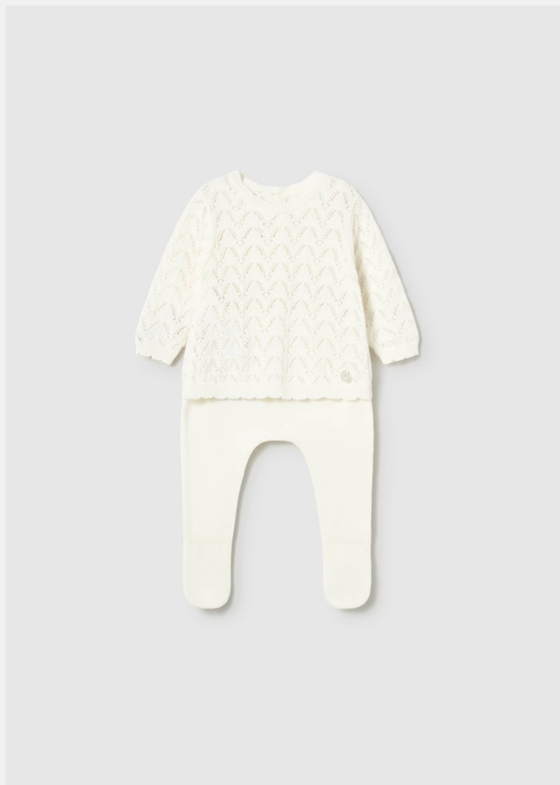 Conjunto calças com pés e camisola tricô recém nascida Conjunto calças com pés e camisola tricô recém nascida