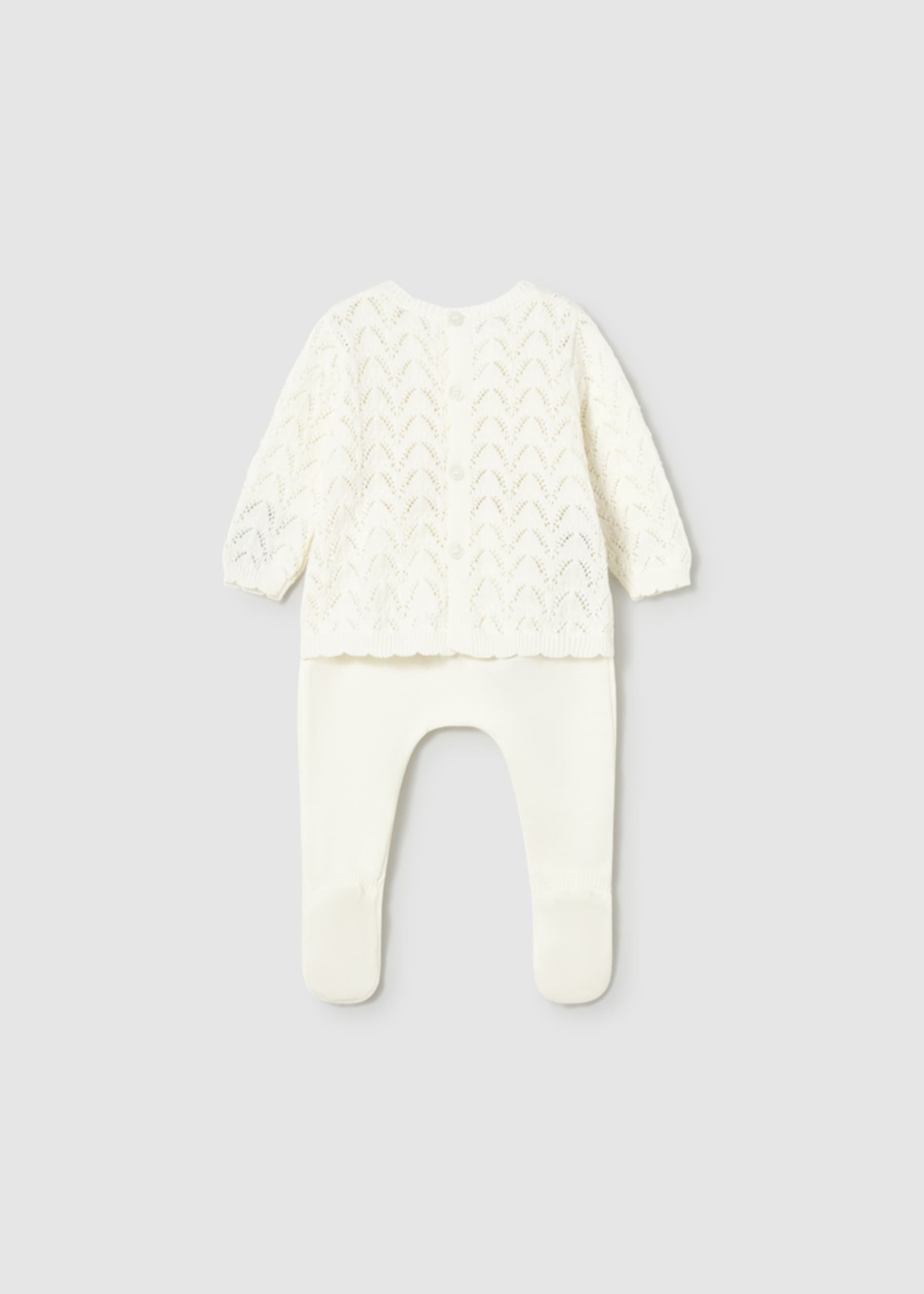 Conjunto calças com pés e camisola tricô recém nascida Conjunto calças com pés e camisola tricô recém nascida