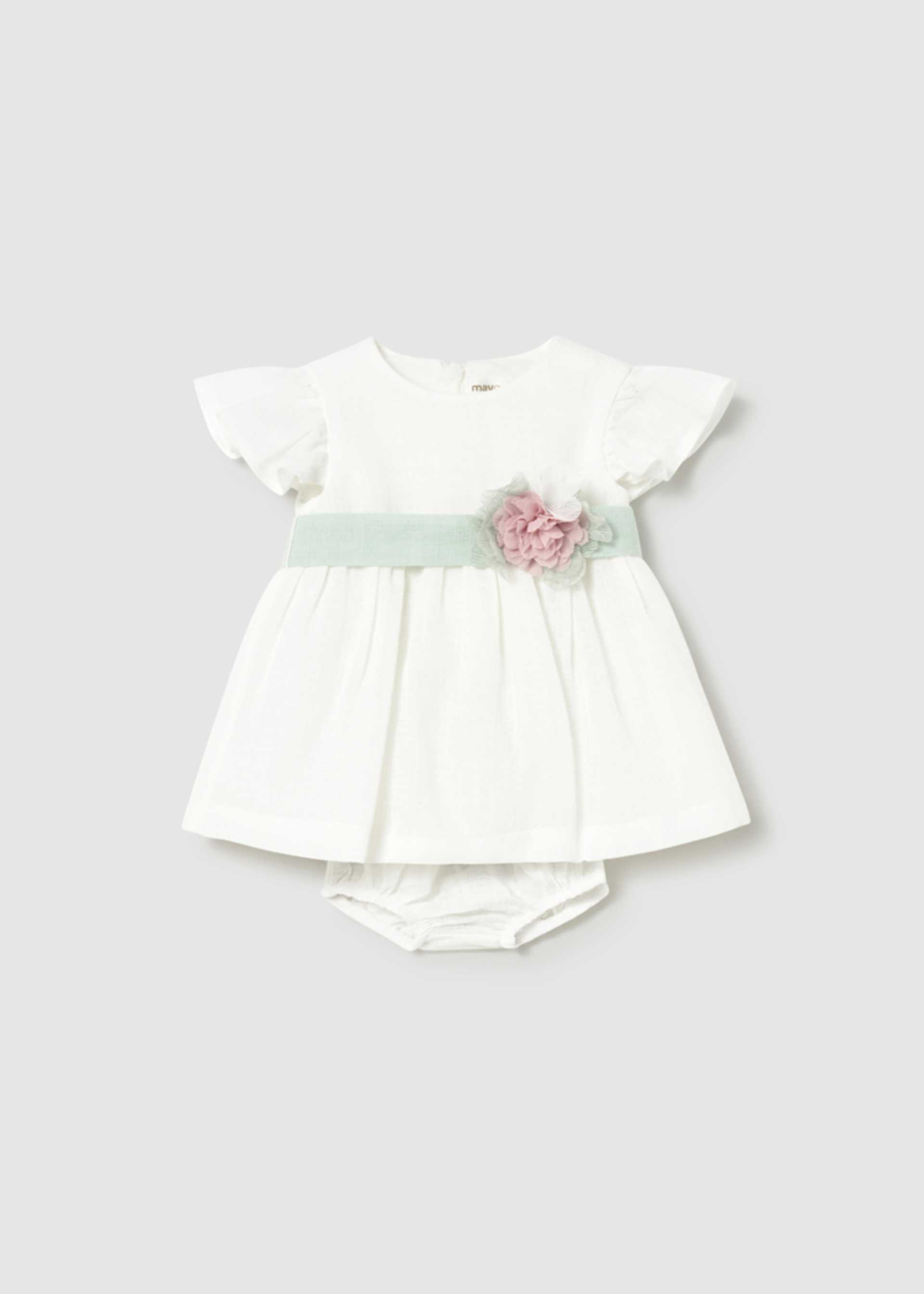 Vestido com tapa fraldas e faixa floral cerimónia recém nascida