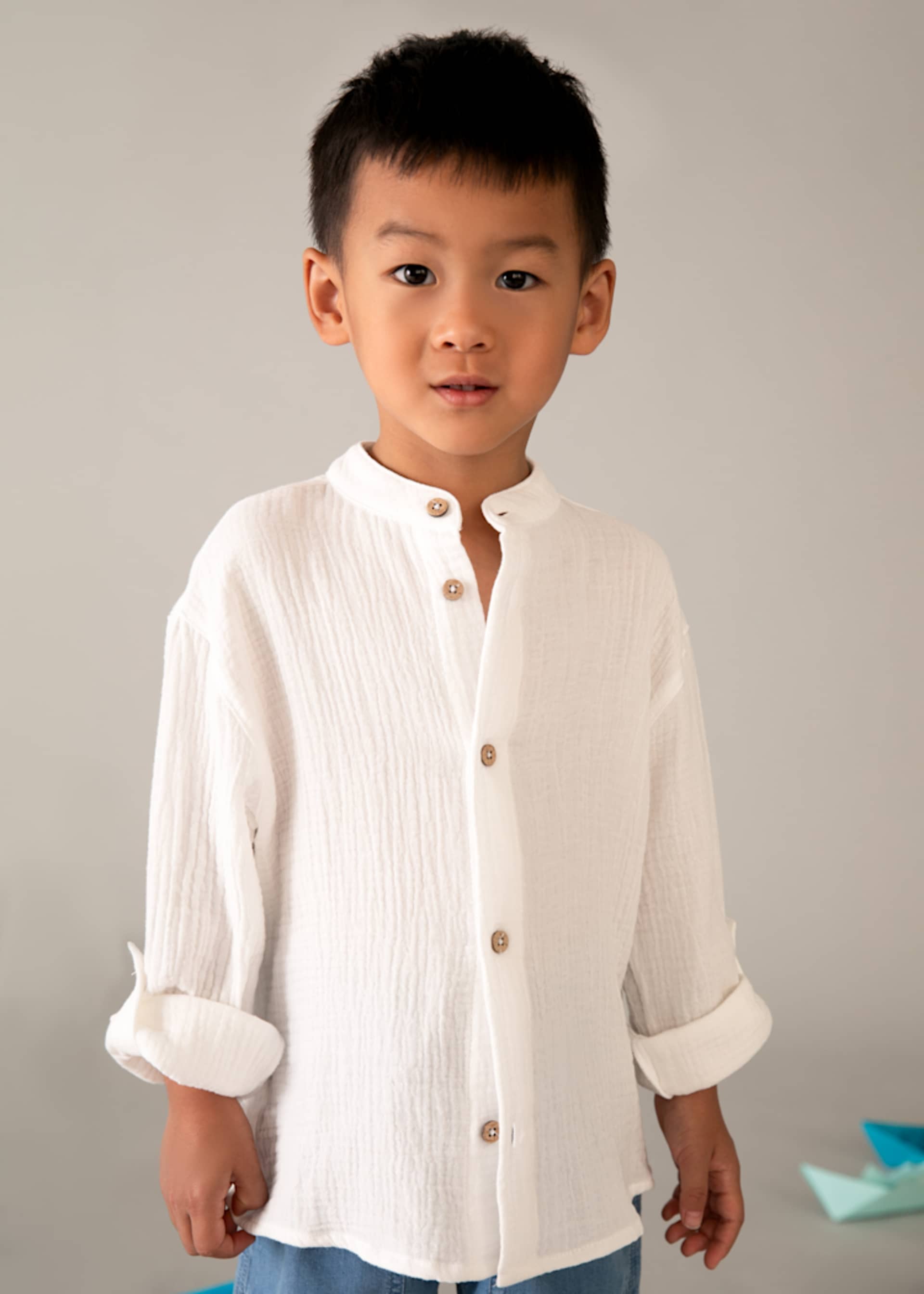 Camicia manica lunga bambula colletto alla coreana bambino