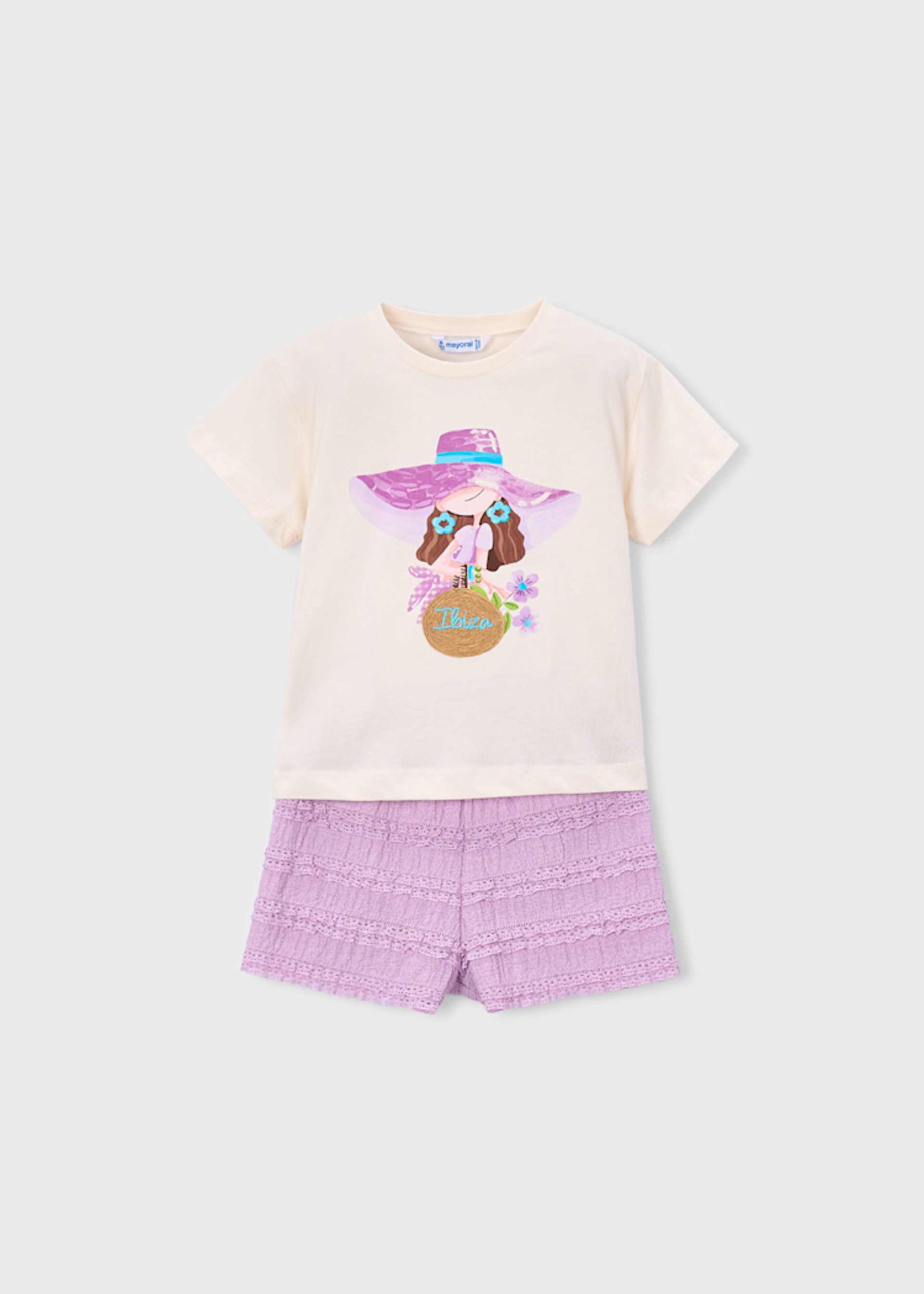 Completo shorts volant e maglietta stampata bambina