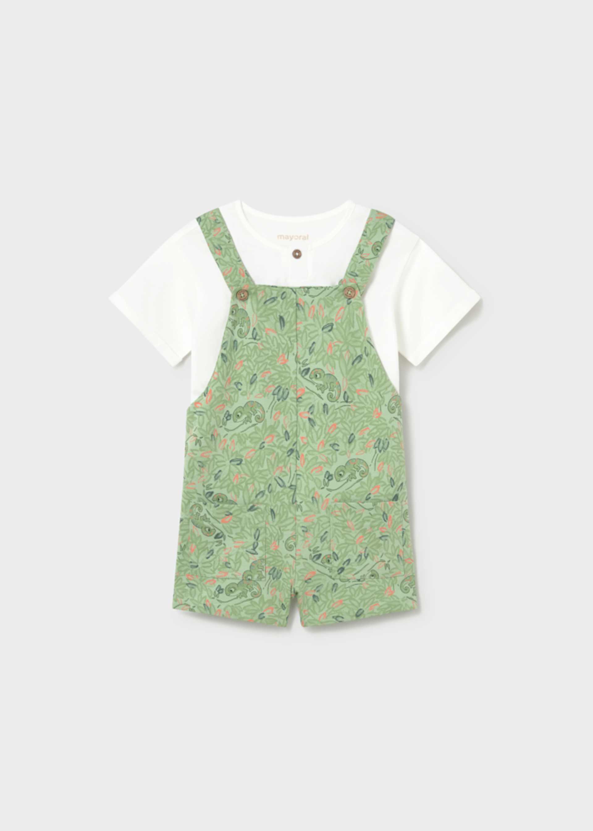 Completo salopette stampata e maglietta neonato