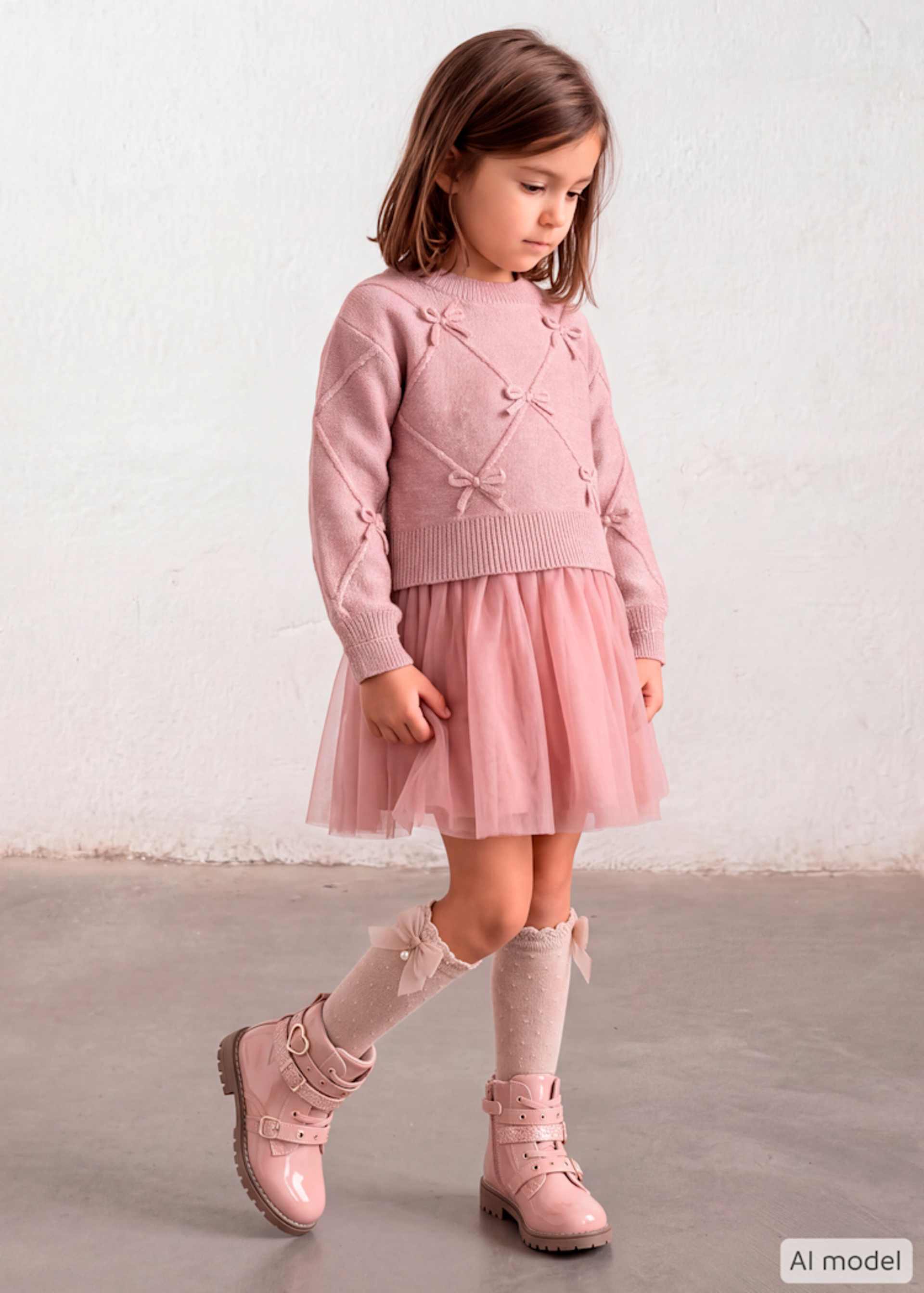 Vestito a maglia combinato con fiocchi bambina