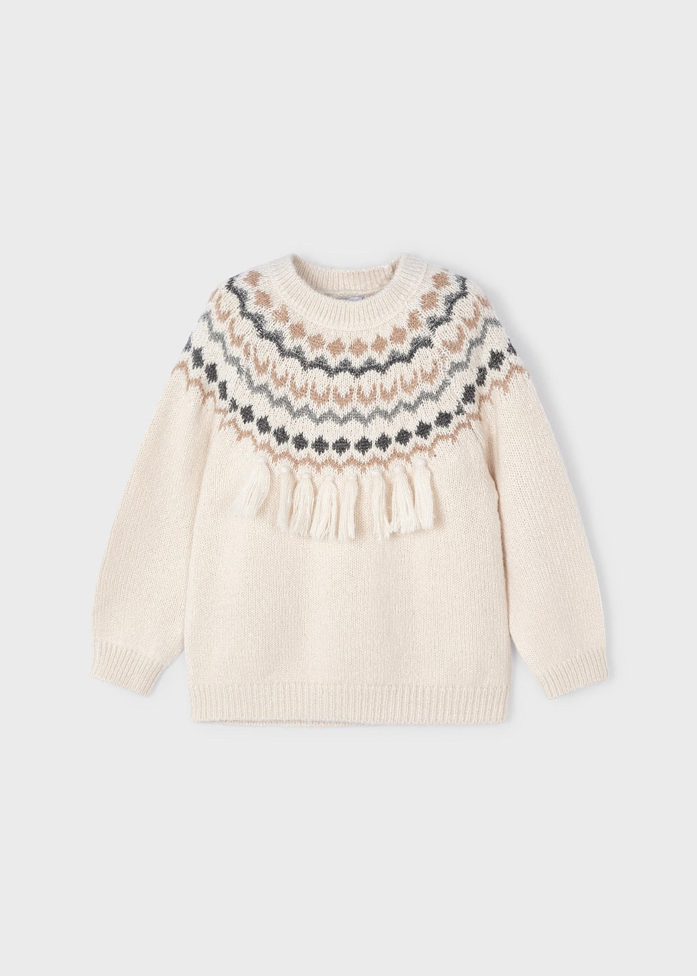 Jacquard knit sweater fringe detail girl
