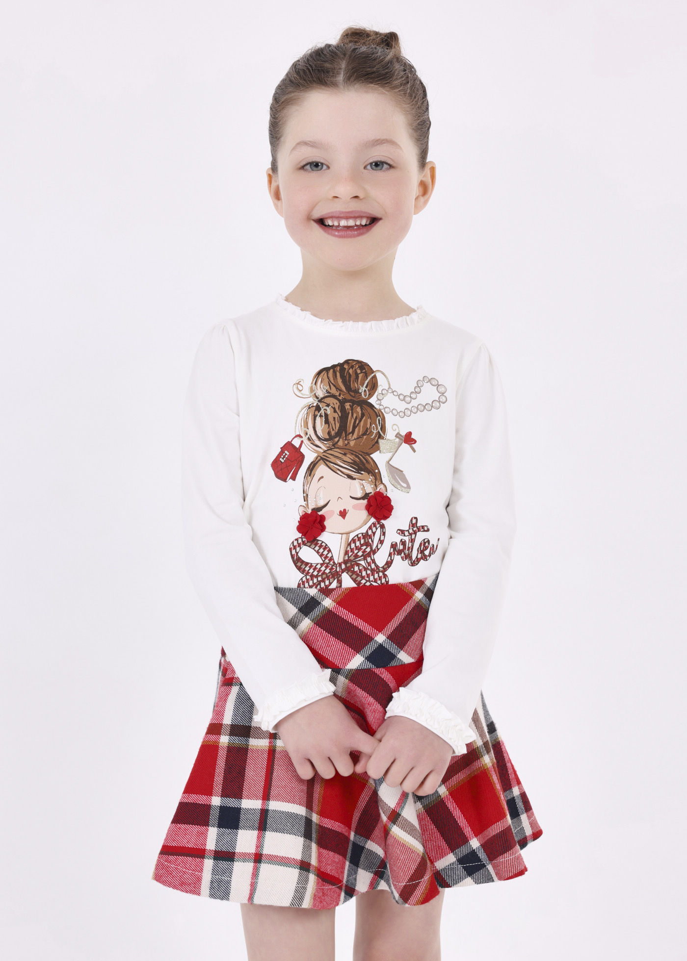 Girls Off White Cotton Printed T-Shirt main image 0