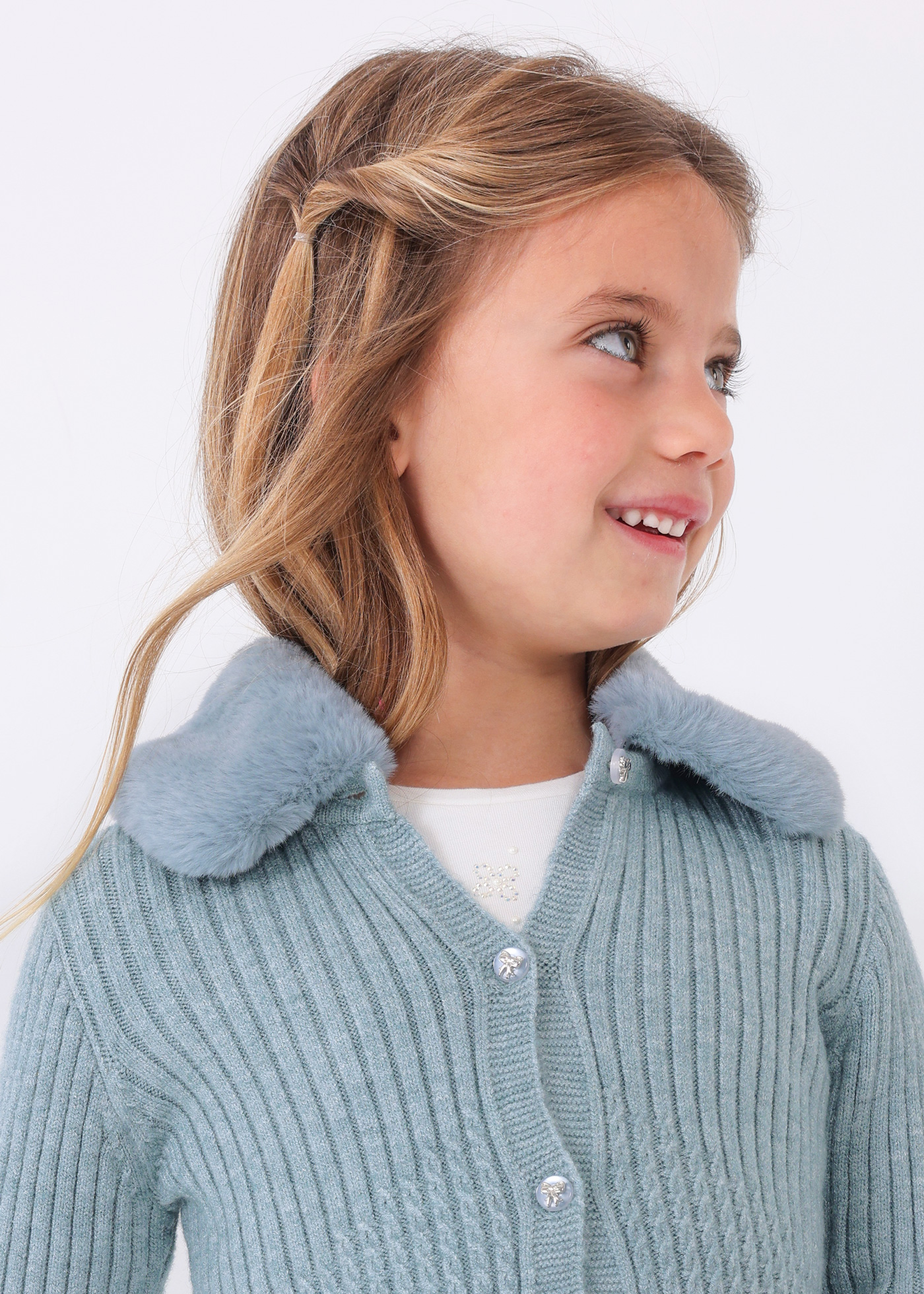 Rib cardigan detachable faux fur collar girl