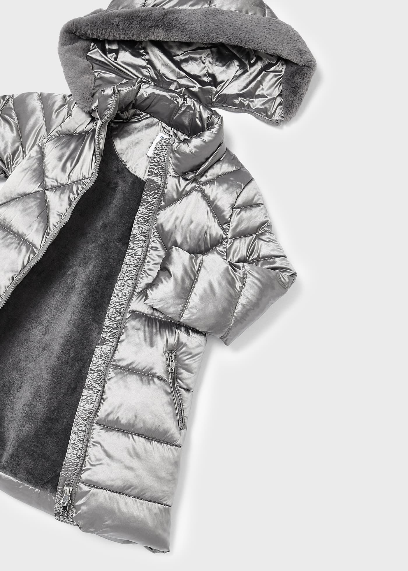 Iridescent long puffer jacket detachable hood girl