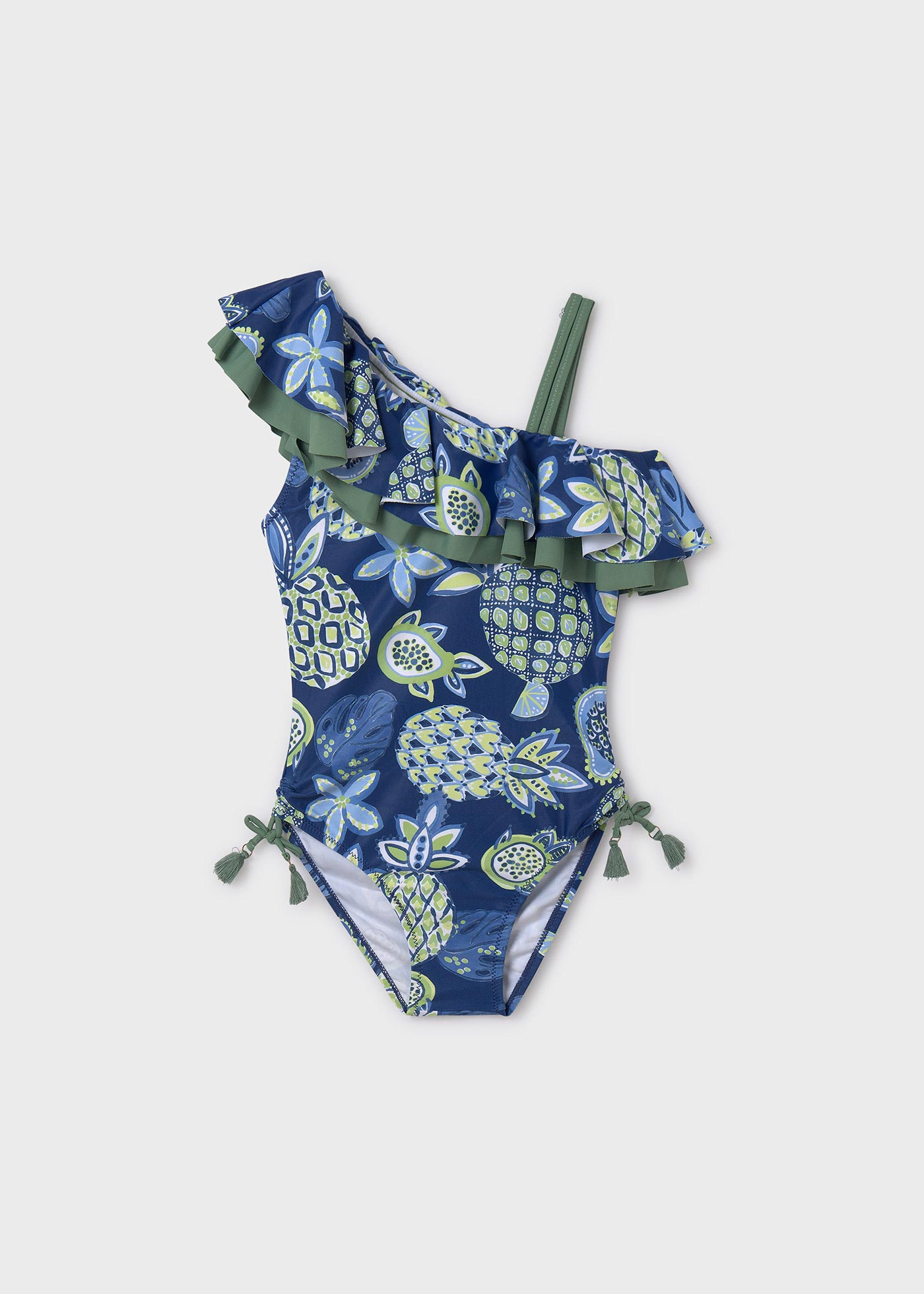 Maillot De Bain Asymétrique à Volant - Bleu Marine, Pois Ivoire | FR