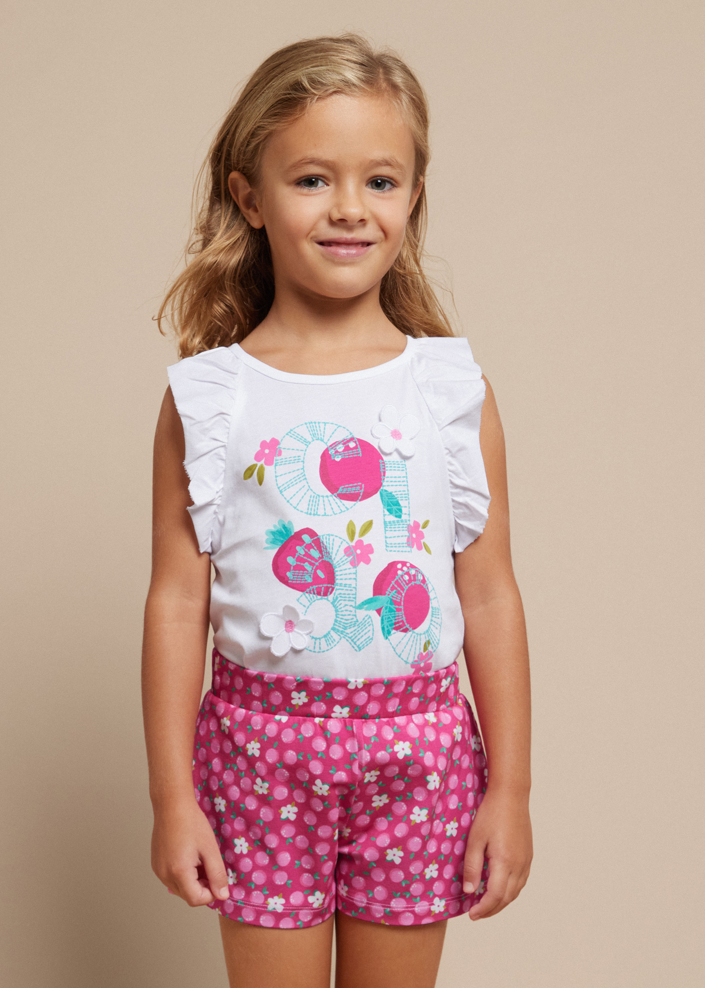 Mayoral - Girls Top,  Fruit Print Shorts & Fuchsia Cardigan Set