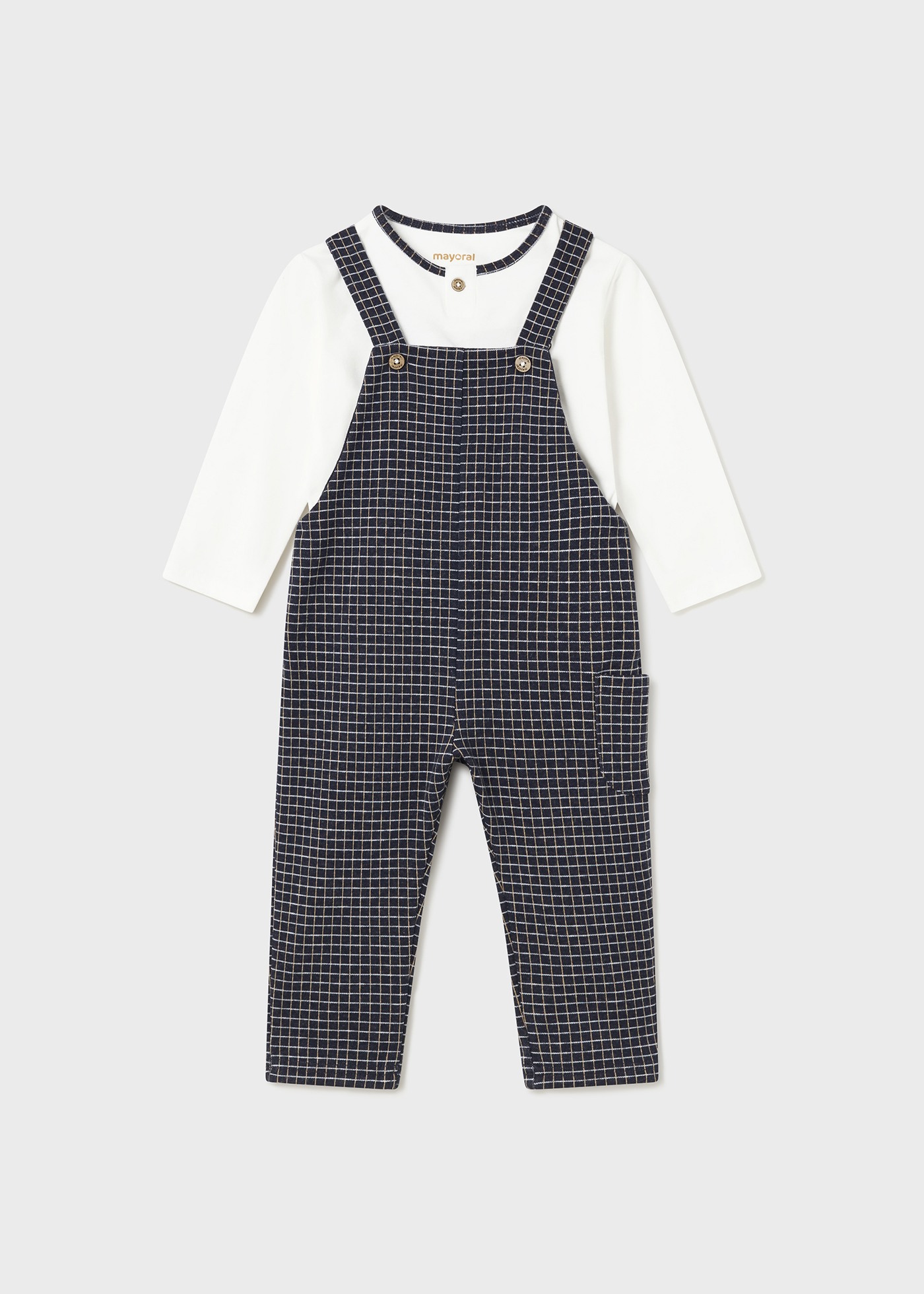 Babyhug Single Jersey Woven Dungaree with Full Sleeves T- Shirt Text Printed - Orange & Navy Blue