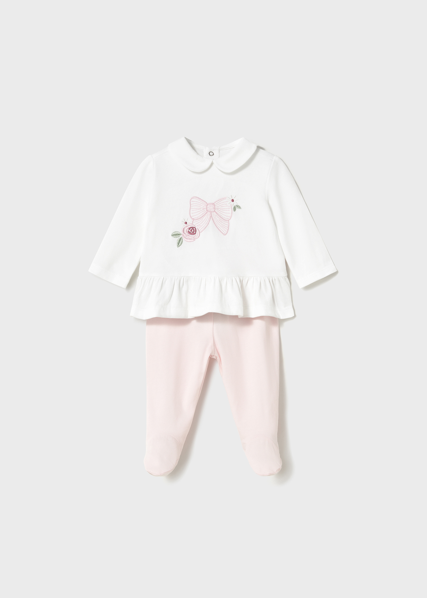 Nautinati Embroidered Cream Top And Floral White Leggings Set For Infant Girls