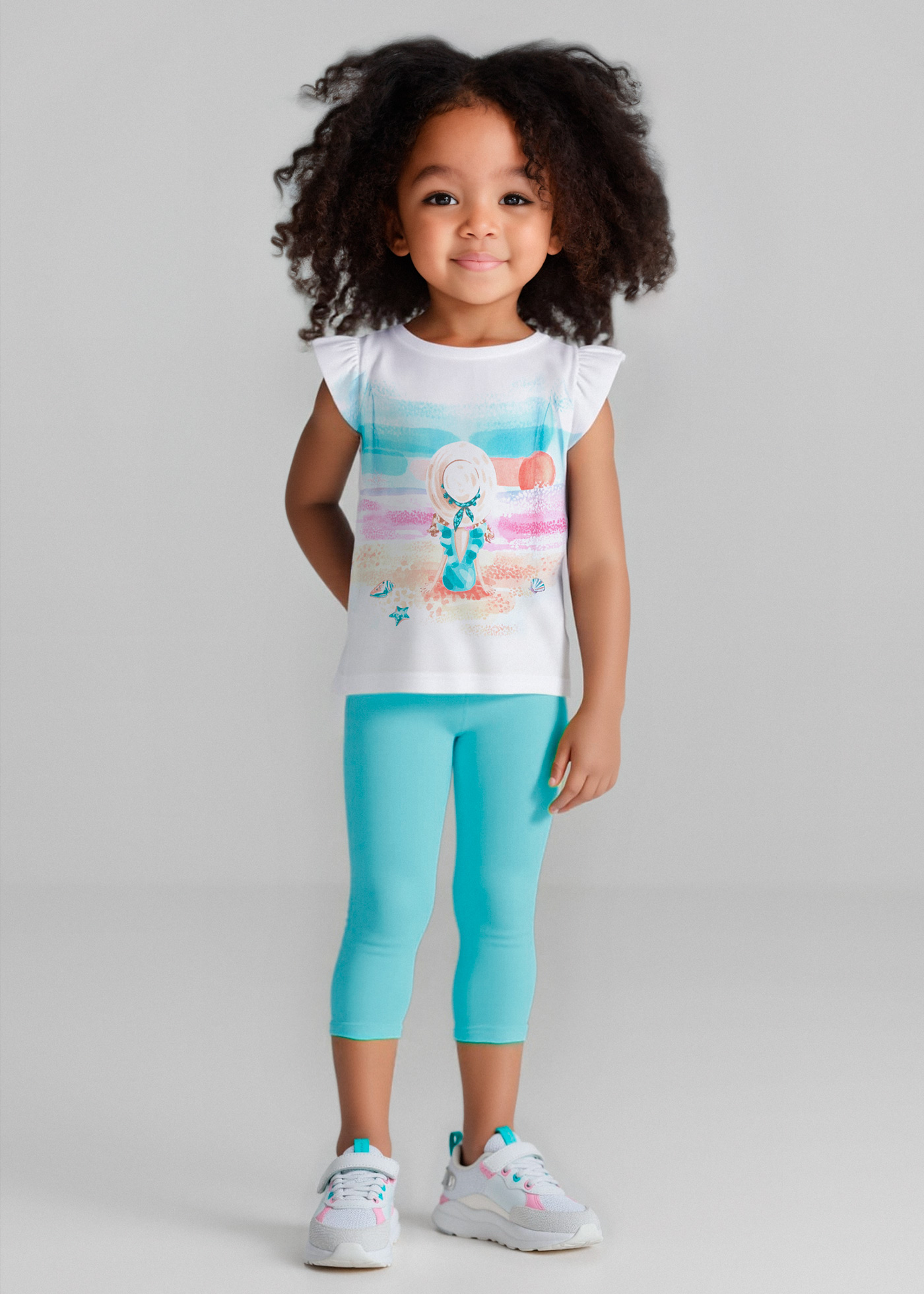 Girls White & Grey Printed Top With Leggings